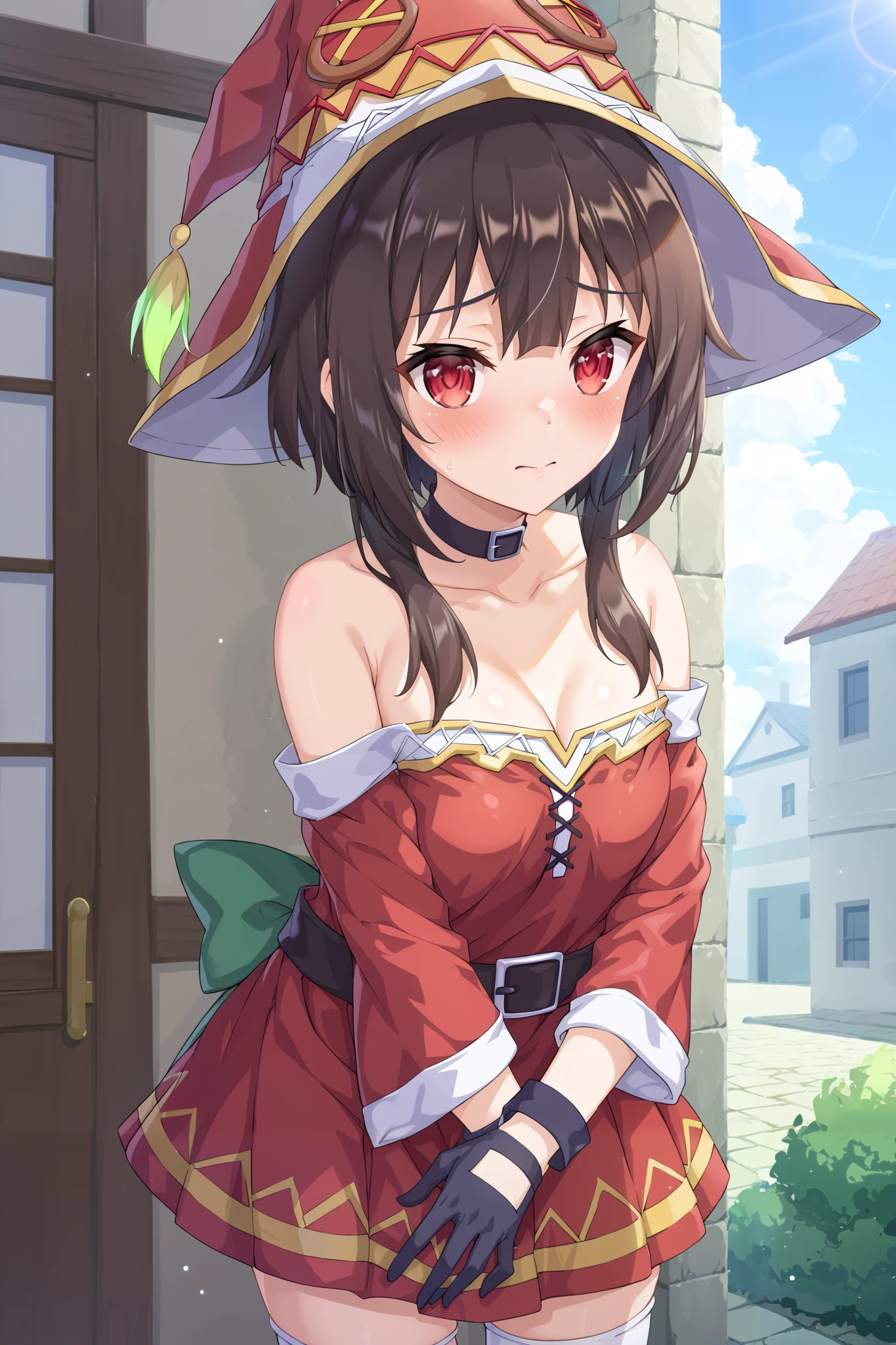 NSFW,masterpiece, best quality, high definition , Very detailed,Megumin\( bless this wonderful world\), short hair、 black hair、Red Eye、 side lock、 long rock, Knee Socks 、gloves、hat、 Red Dress 、黒いgloves、belt、黒い Knee Socks 、指なしgloves、Cape、first round、魔女のhat、bandage、 Red Dress 、片方の Knee Socks 、 asymmetrical legwear、bandageを巻いた脚, Adventurers Guild, reception counter,Embarrassed,blush,Standing hugged