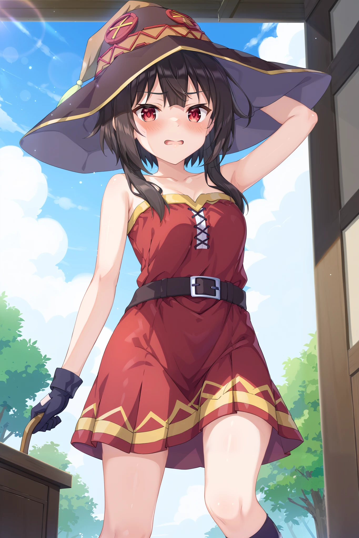 NSFW,masterpiece, best quality, high definition , Very detailed,Megumin\( bless this wonderful world\), short hair、 black hair、Red Eye、 side lock、 long rock, Knee Socks 、gloves、hat、 Red Dress 、黒いgloves、belt、黒い Knee Socks 、指なしgloves、Cape、first round、魔女のhat、bandage、 Red Dress 、片方の Knee Socks 、 asymmetrical legwear、bandageを巻いた脚, Adventurers Guild, reception counter,Embarrassed,blush,Standing hugged
