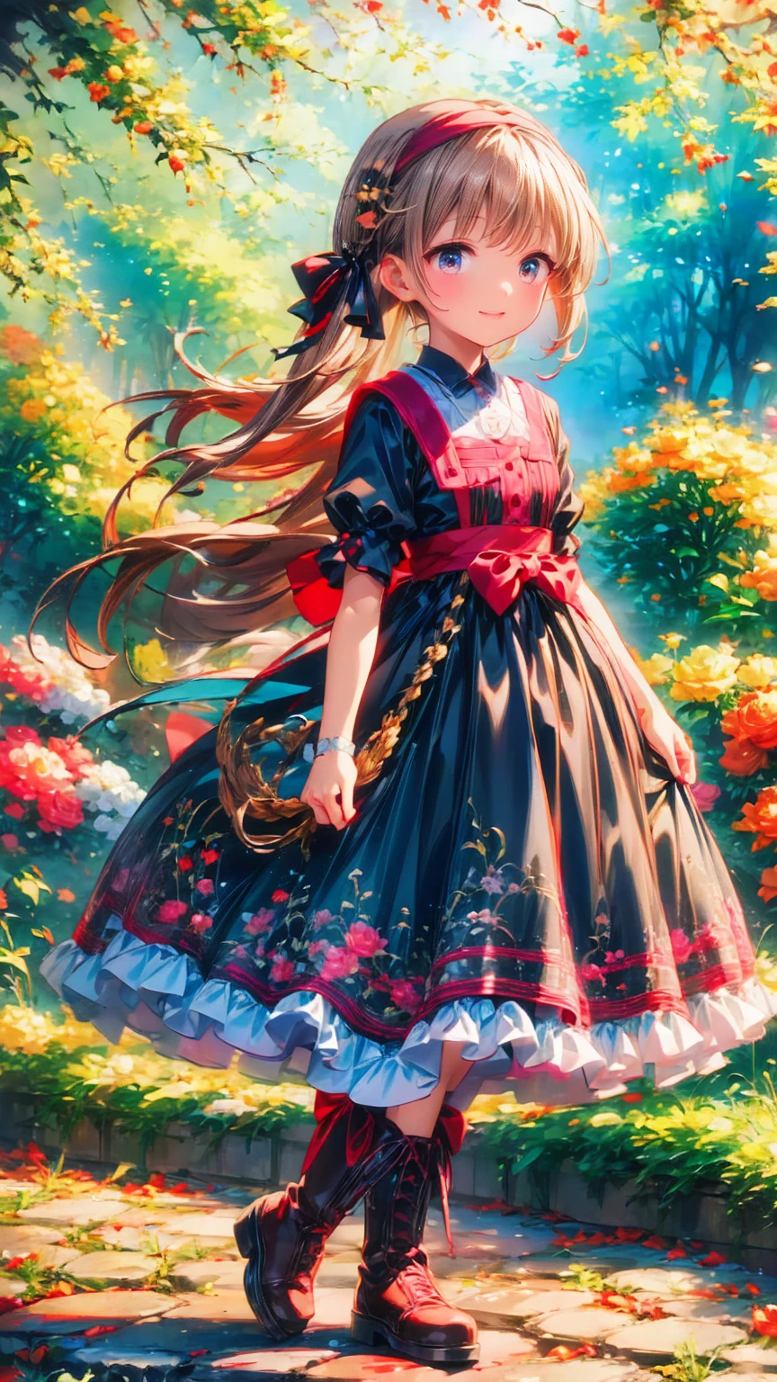  anime style、story、、 cute女の子 、とてもcute天使、  pink gothic dress  、cute、baby face、smile、  Long Skirt 、  black boots 、Very cute headband
