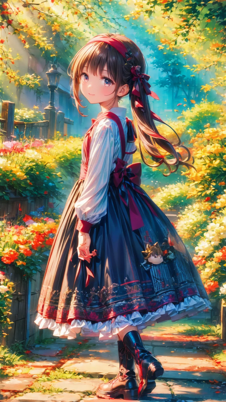  anime style、story、、 cute女の子 、とてもcute天使、  pink gothic dress  、cute、baby face、smile、  Long Skirt 、  black boots 、Very cute headband
