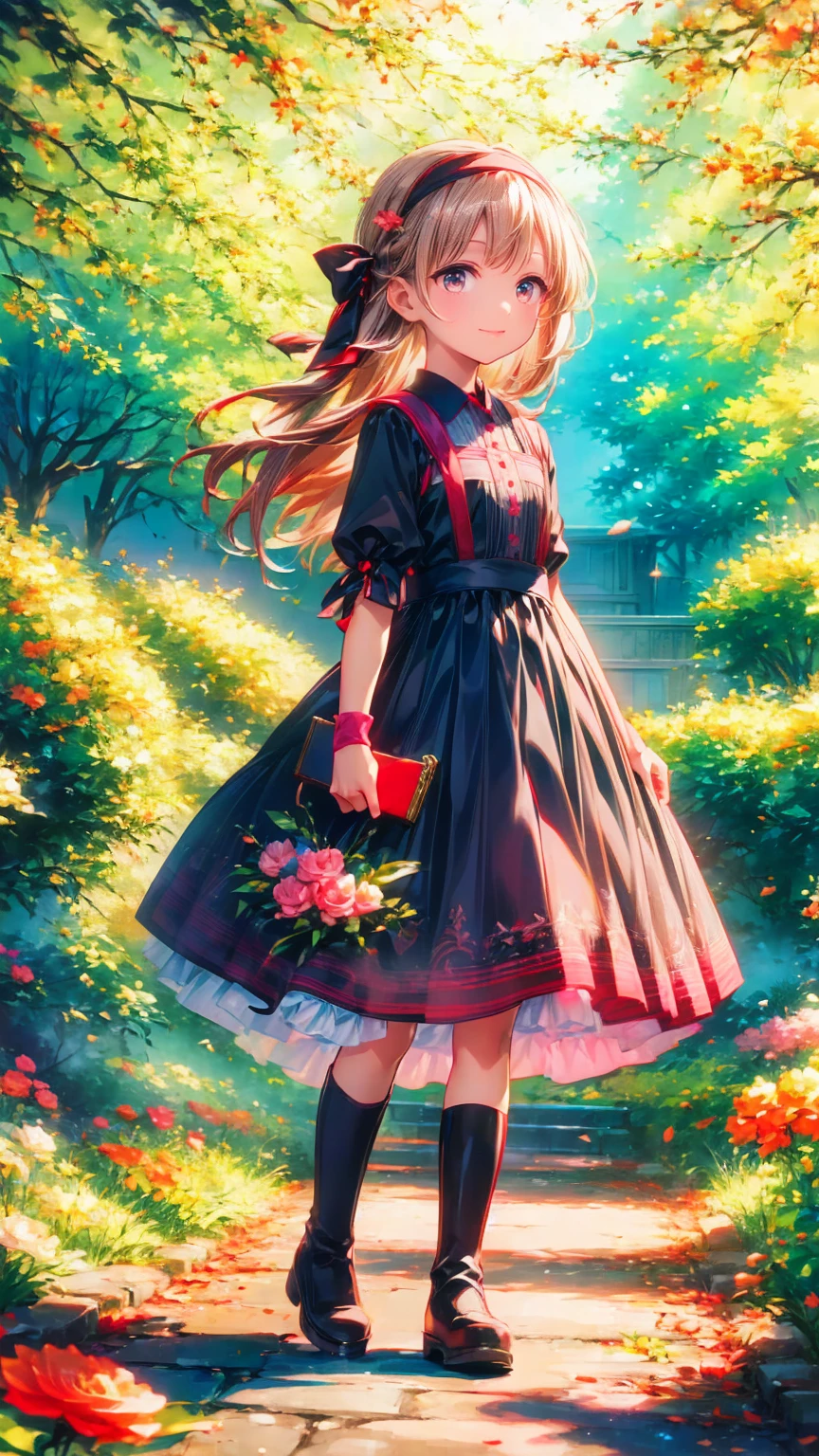  anime style、story、、 cute女の子 、とてもcute天使、  pink gothic dress  、cute、baby face、smile、  Long Skirt 、  black boots 、Very cute headband
