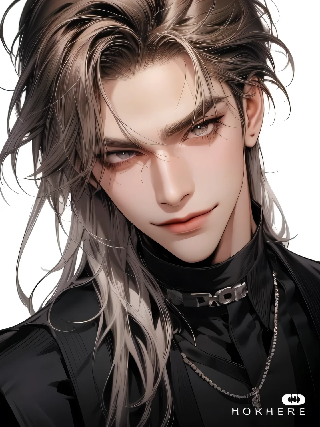 (Masterpiece, Best Quality, Super Detailed, High Resolution, Ridiculous Results), 1 Mature Male, Case 30, (Broad Shoulders), (Muscles), Male Focus, Alone, Black Hairstyle, Chain, Shirt, Tie, Simple background, dark eyes, upper body, tank top, medium to long short hair, audience, smiling face, parted lips, collared shirt, long sleeves, white shirt, brown background, black tank top, evil smile, punk decoration, necklace, bracelet, collar