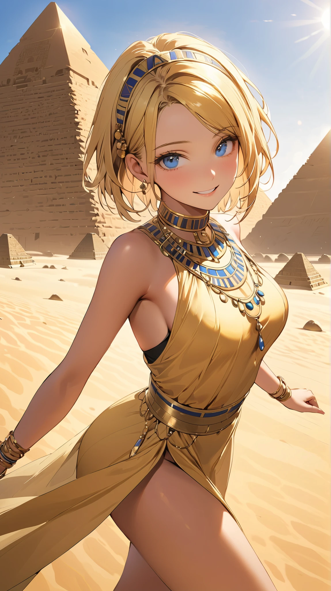 face details,semi realistic, Masterpiece, Master work, perfect , 4k,semi realistic, masterpiece, newest, absurdres, 1girl, full body view, ager, average breast breasts, half parted bangs, forehead, short hair, chignon hair style, wearing headband, yellow colored hair, bright blue eyes, happy expression face, choker, wearing egyptian traditional clothes, pelvic curtain, walking pose, in desert, pyramid, high res, ultrasharp, 8k, masterpiece, look at viewer, dramatic view, solo focus, looking at viewer