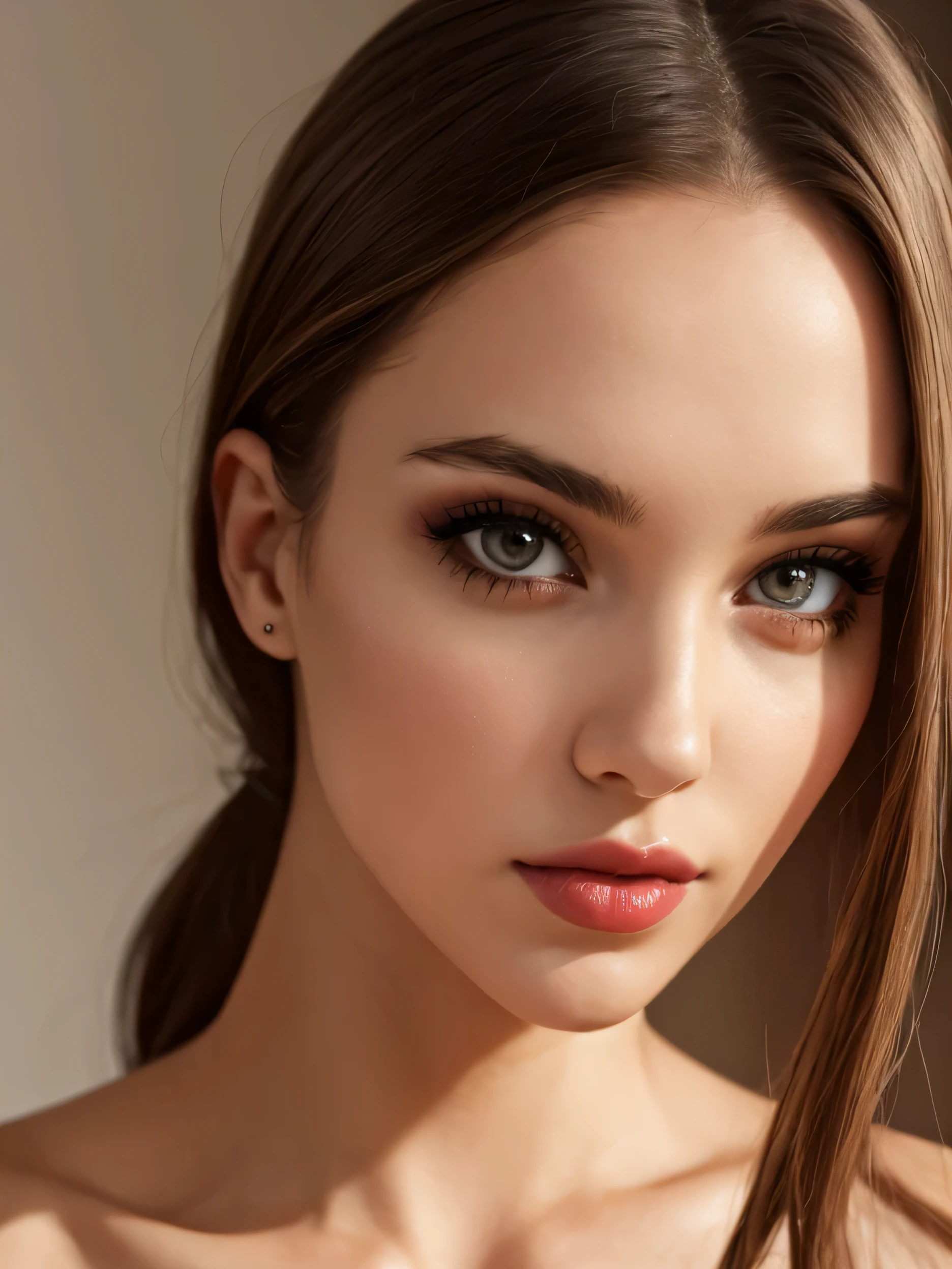 gorgeous young woman's face, beautiful detailed eyes, red sensual lips, makeup, masterpiece.