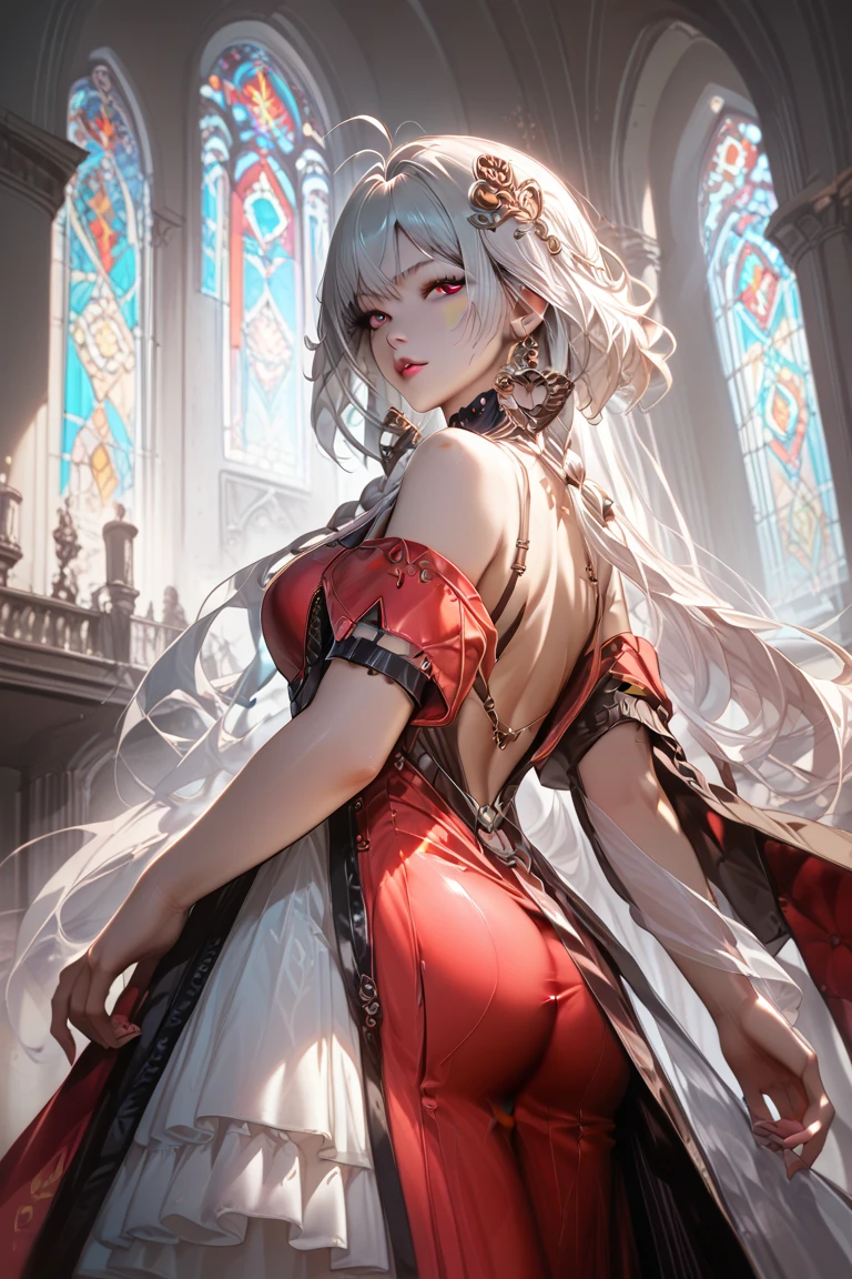 A very beautiful princess with big boobs big ass with white hair and red eyes in a cathedral wearing a very refined royal dress