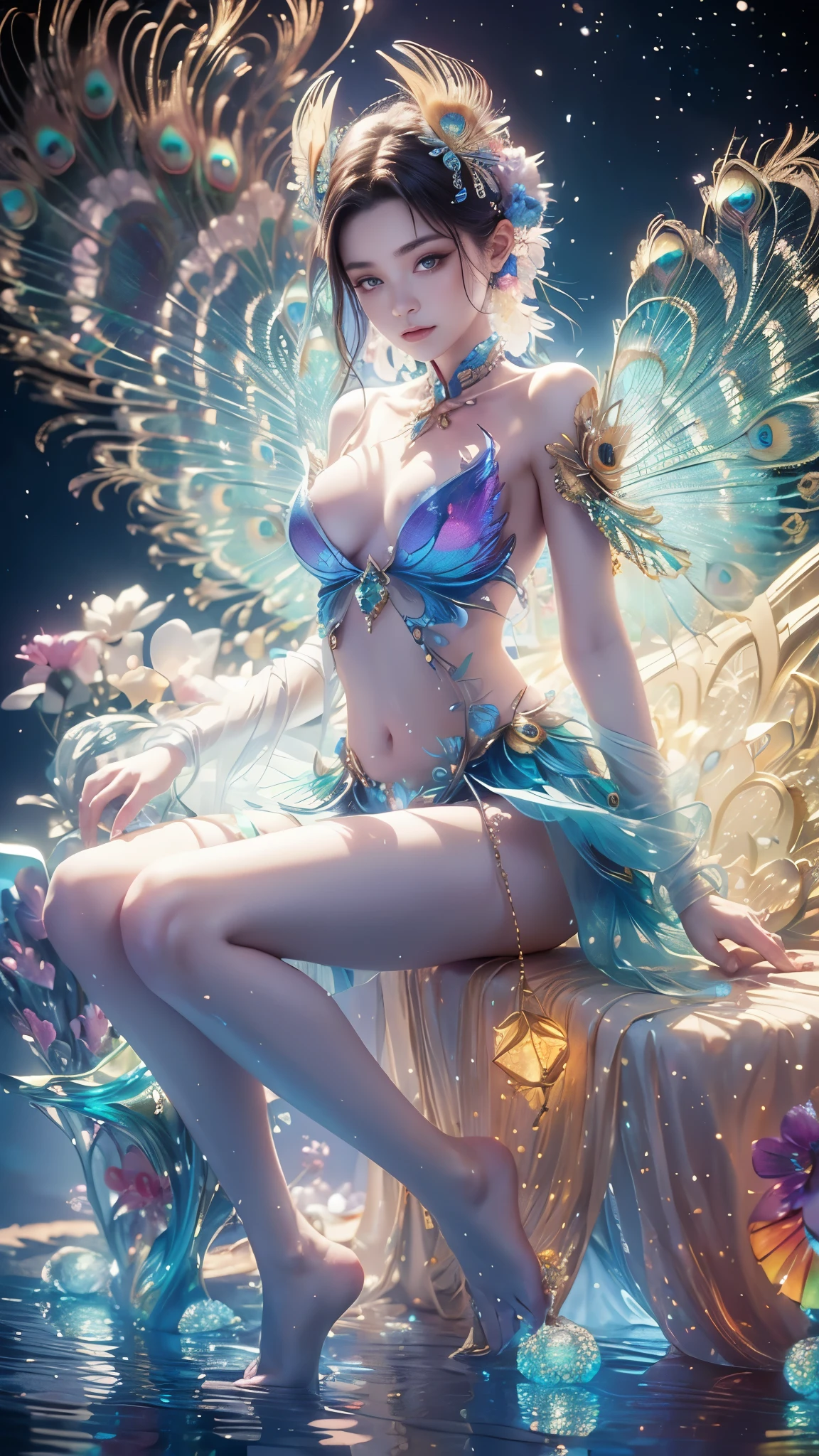 4K, UHD, masterpiece, 1 girl, ((good face)), detailed eyes, very long hair, ((small breasts)), ((peacock clothing)), ((rainbow clothing)), ((strap clothing)), ((rainbow lace)), ((navel)), ((peacock wings)), ((ornaments)), ((fpeacock petticoat)), ((bare hip)), ((bare thigh)), butterfly, fantasy creative art, ultra detailed, details, ultimate details, amazing magnificence, in the beautiful dargen, birds, Pedaipan style, glowing light, bloom, ray tracing, ((upper body)), sitting,