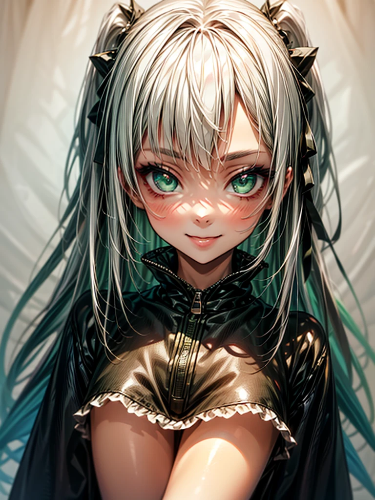  1 girl ,  Anime Girl , White hair ,  Masterpiece  ,  Tricky Smile , Long hair , charming ,  Masterpiece  , Green eyes , Sharp face ,