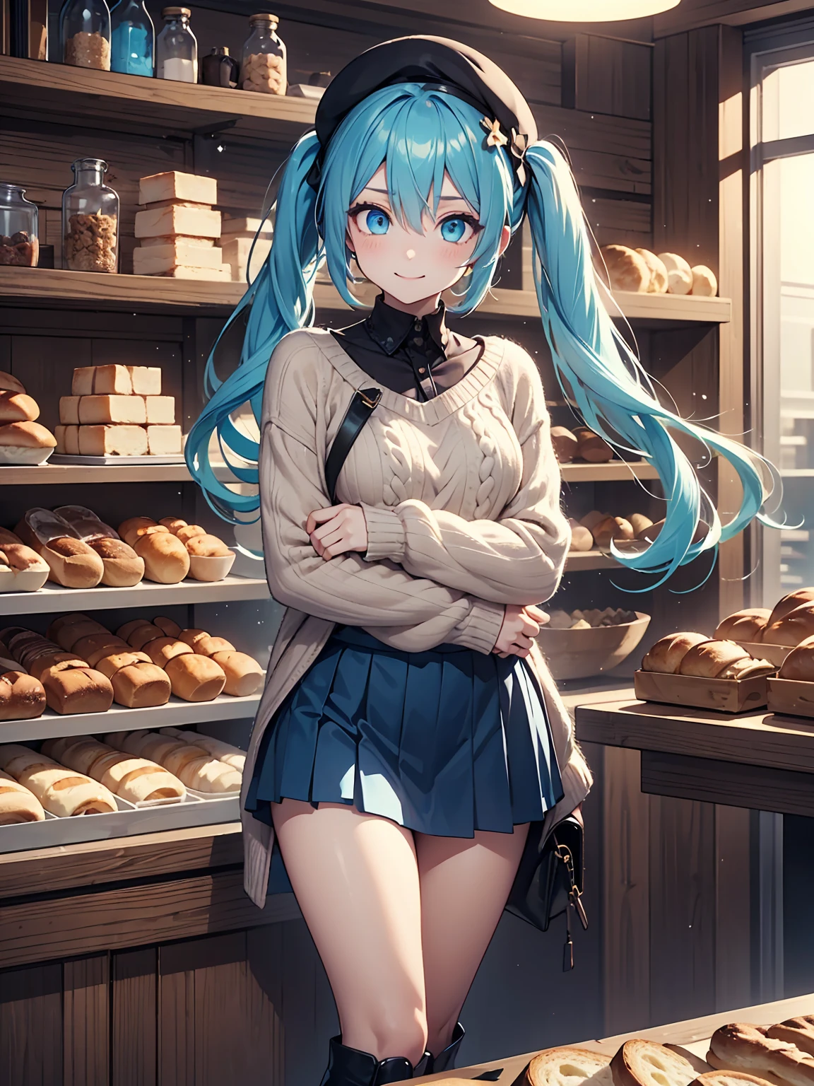 A stylish and cute anime girl standing in a cozy bakery with an abundance of freshly baked bread displayed on wooden shelves. She is holding a large French baguette in her arms with a cheerful expression. The bakery interior features warm lighting, rustic decor, and an inviting atmosphere. The girl is wearing trendy and elegant clothing, such as a beret, a knitted sweater, a pleated skirt, and ankle boots, with subtle accessories like a crossbody bag. The image is in 8K ultra-high definition, showcasing intricate details of the bread textures, the girl’s outfit, and the cozy surroundings,

hatsunemiku, miku hatsune, ahoge, aqua eyes, aqua hair, crossed bangs, hair between eyes, hair ornament,long hair, twintails,best quality, high resolution, unity 8k wallpaper, (illustration:0.8), (beautiful detailed eyes:1.6), extremely detailed face, perfect lighting, extremely detailed CG, 