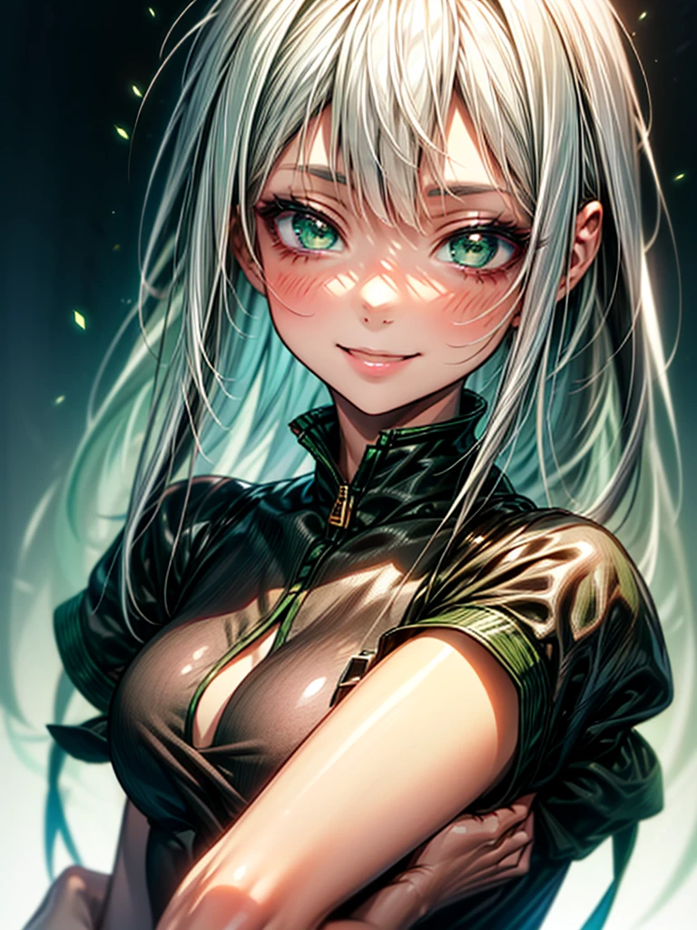  1 girl ,  Anime Girl , White hair ,  Masterpiece  ,  Tricky Smile , Long hair , charming ,  Masterpiece  , Green eyes , Sharp face ,