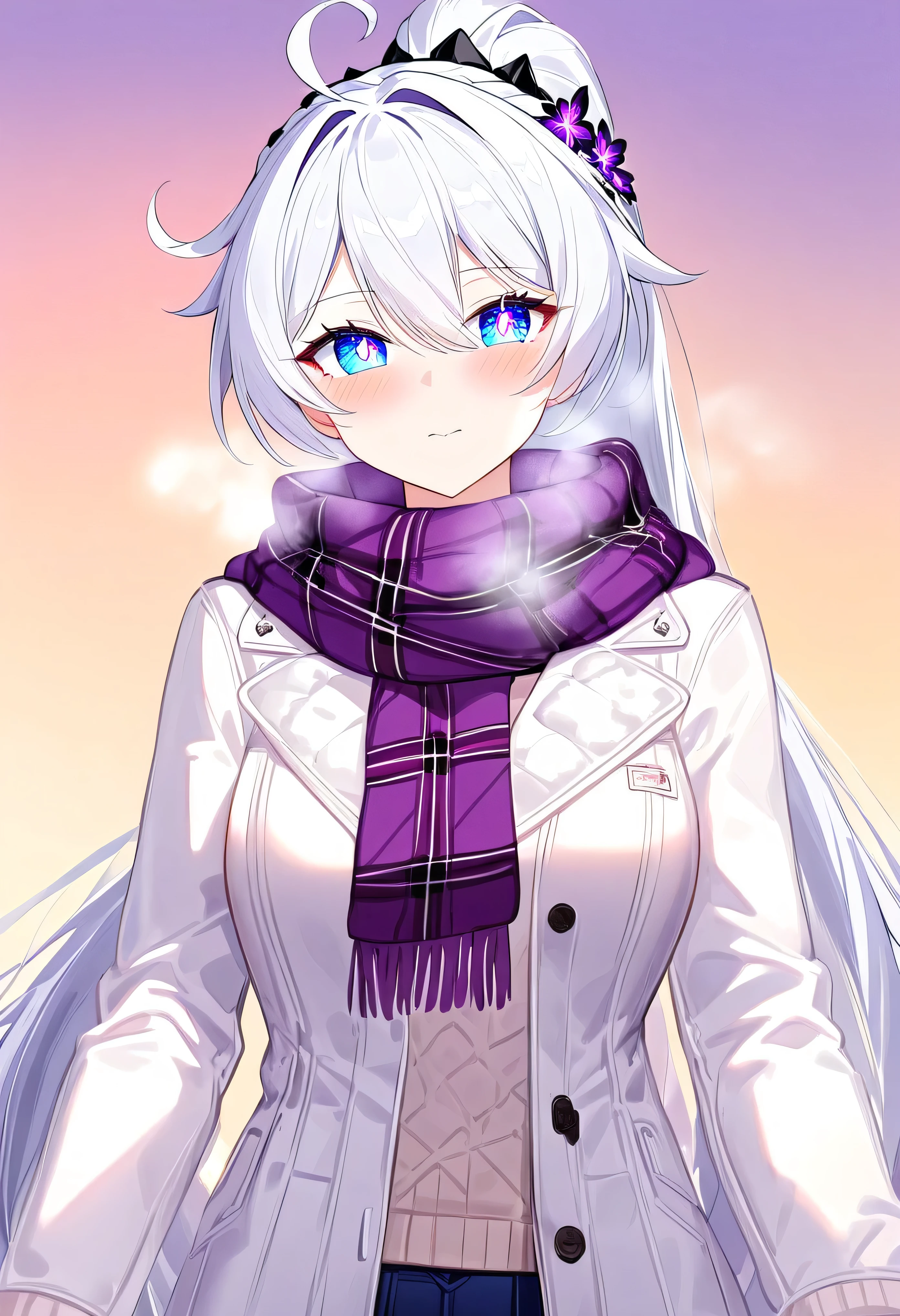 score_9, score_8_up, score_7_up, masterpiece, best quality, absurdres, vibrant, highly detailed, 1girl, adult grown woman, kiana kaslana \(honkai impact 3rd\), herrscher of finality, white hair, ahoge, ponytail, very long hair, blue eyes, symbol-shaped pupils, blush, closed mouth, heavy breathing, white overcoat, plaid purple scarf, casual winter fashion, evening warm light, incoming hug