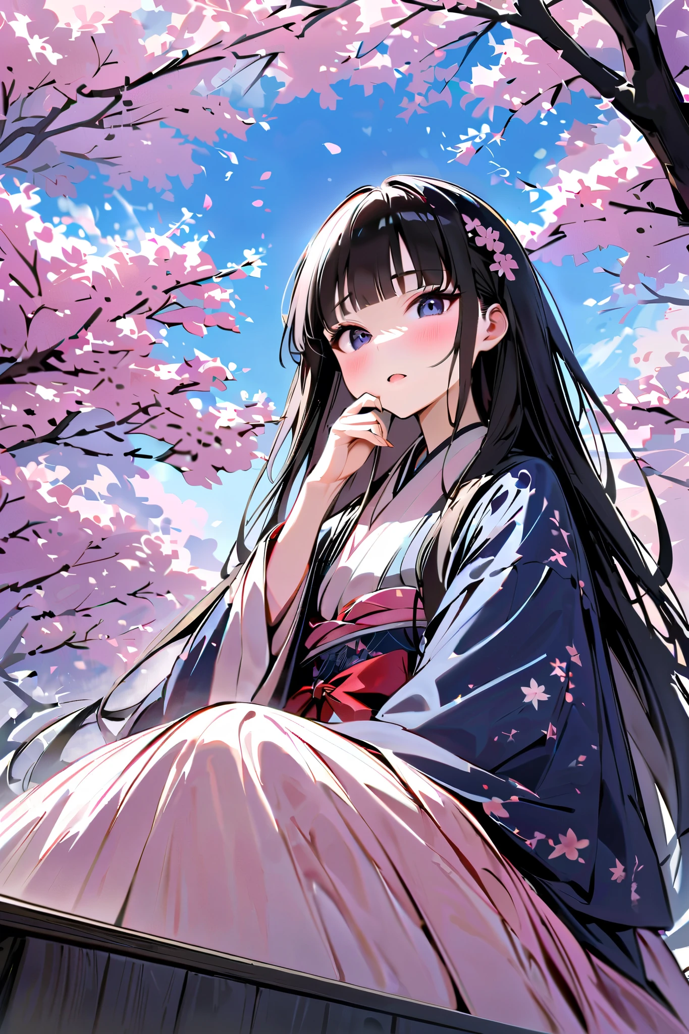 Rain of Petal,Cherry blossom Japanese fairy,｛{{large amount of petals:1.8}}},Woman in shorts sitting, Hanami, from below ,woman sitting on seat, packed lunch,Japanese Clothing, Kimono．｛{{large amount of petals:1.8}}}, {{masterpiece}}, {{{Highest quality}}},{{Very detailed}},Straight hair,Long hair ,, blunt bangs,