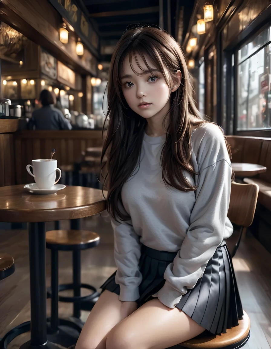 masterpiece,best quality,absurdres,1girl,shiny_skin,solo,pensive look,brown hair,long hair,straight hair,black sweatshirt, gray miniskirt, pleated skirt,white sneakers,perfect body,dynamic pose,cafe,intricate details,cinematic composition,portrait