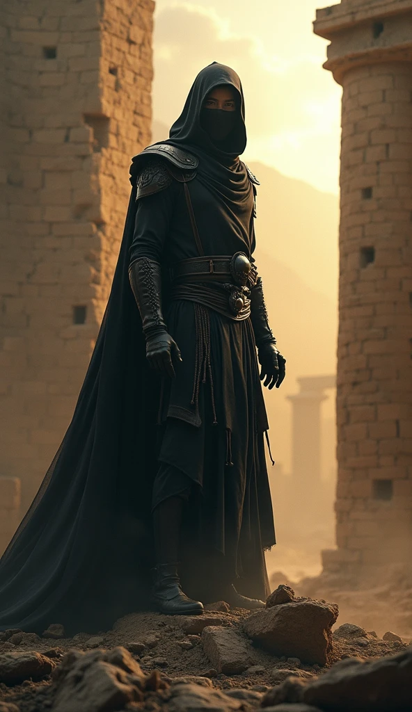 A dark ninja stands atop a crumbling Egyptian ruin, its piercing gaze a stark contrast to the dim, foreboding atmosphere reminiscent of a long-forgotten, cursed world, where the very air is heavy with the weight of ancient, forgotten lore.