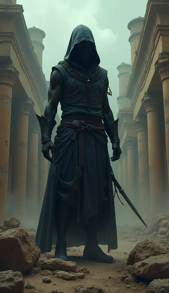 A dark ninja stands atop a crumbling Egyptian ruin, its piercing gaze a stark contrast to the dim, foreboding atmosphere reminiscent of a long-forgotten, cursed world, where the very air is heavy with the weight of ancient, forgotten lore.