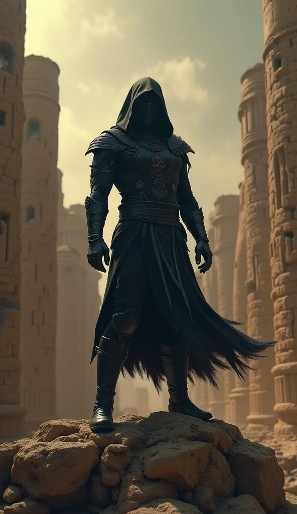 A dark ninja stands atop a crumbling Egyptian ruin, its piercing gaze a stark contrast to the dim, foreboding atmosphere reminiscent of a long-forgotten, cursed world, where the very air is heavy with the weight of ancient, forgotten lore.