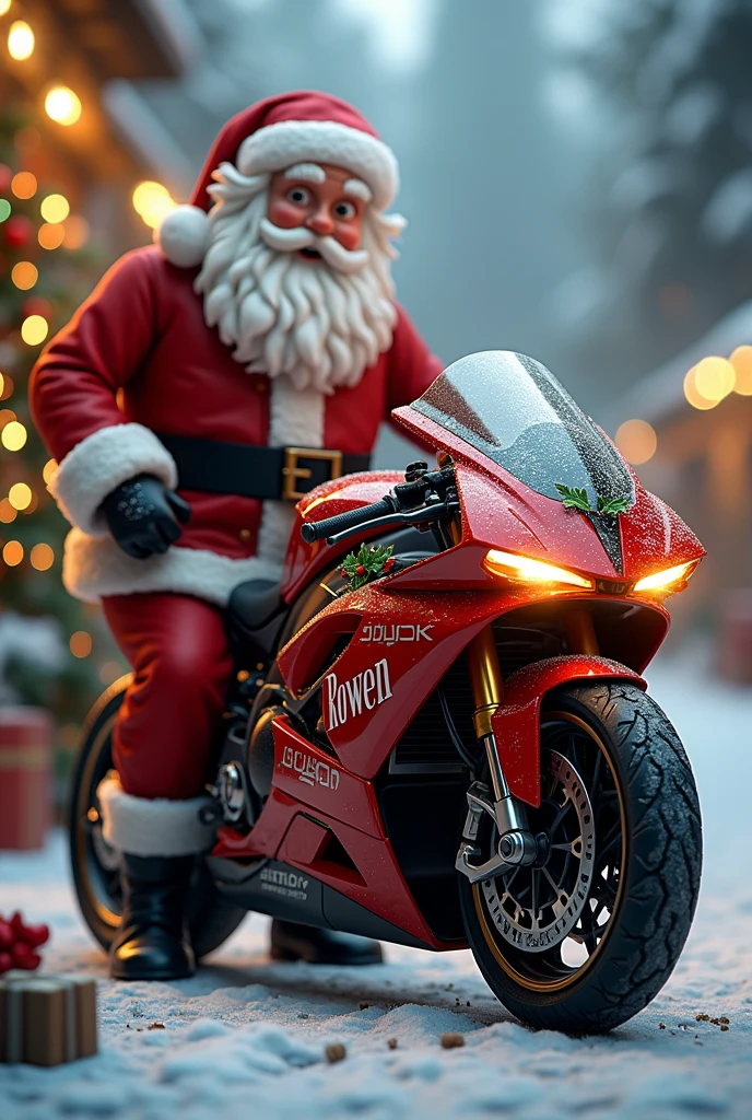 Christmas  motorcycle with the name Rowen on motorcycle with santa standing by motorcycle