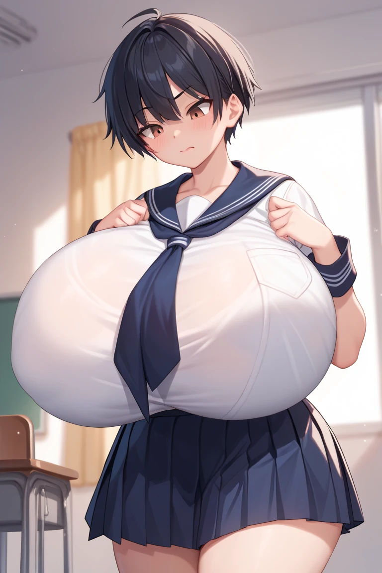 1 girl, very short hair, background school, ((gigantic breast)), breast expansion, Body curves, tomboy face, School uniforms, Pleated Skirt, serafuku, Sailor collar