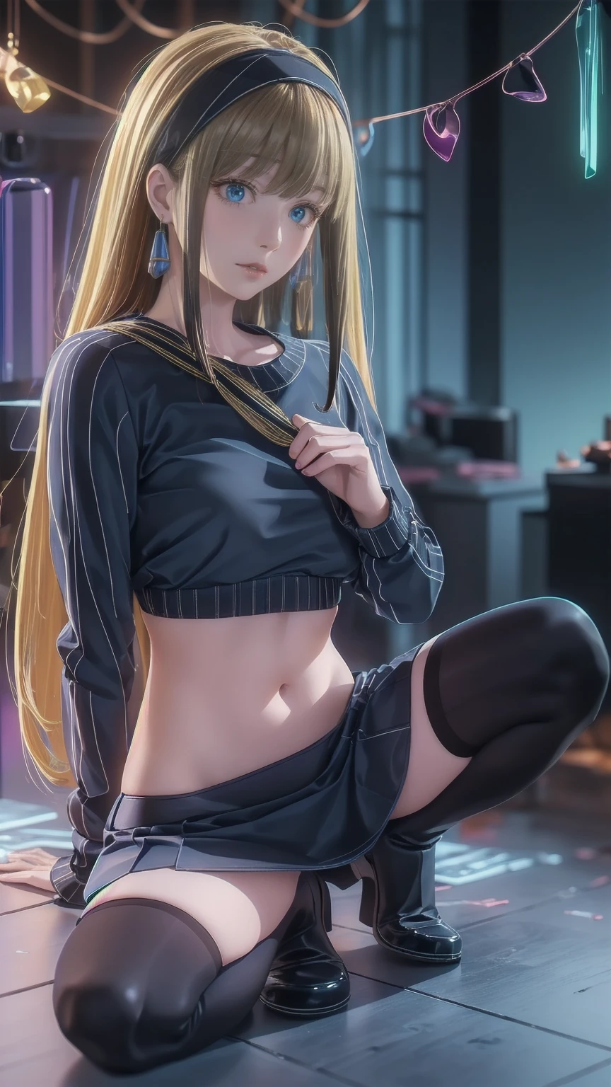  one girl who is at ease,  an 18 year old girl ,Improve,whole body,細身の体, Long Blonde Hair,Green, Casual Fashion , knitted top, tight miniskirt pointing to the viewer, BLACK LONG BOOTS ,( best quality,4K,8k, high definition ,  Masterpiece :1.2),ultra-detailed, (Realistic,photoRealistic,photo-Realistic:1.37), high definition ,超 high definition , studio lighting, Ultra Fine Painting, sharp concentration, Physically Based Rendering , extreme detailed explanation ,professional, bright color,Bokeh, portrait