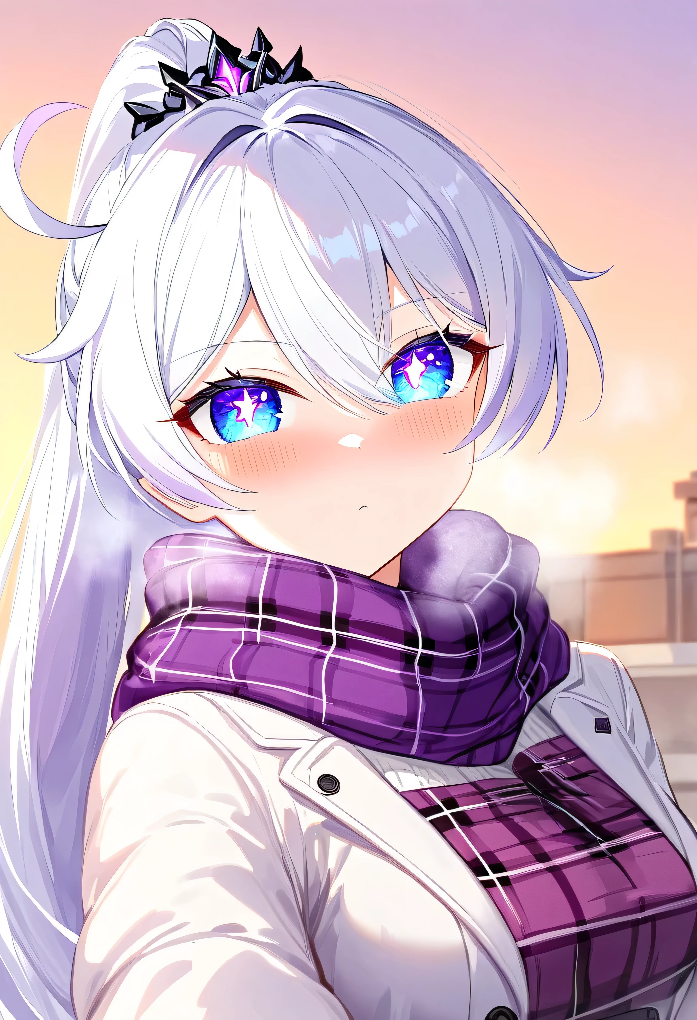 score_9, score_8_up, score_7_up, masterpiece, best quality, absurdres, vibrant, highly detailed, 1girl, adult grown woman, kiana kaslana \(honkai impact 3rd\), herrscher of finality, white hair, ahoge, ponytail, very long hair, blue eyes, symbol-shaped pupils, blush, closed mouth, heavy breathing, white overcoat, plaid purple scarf, casual winter fashion, evening warm light, selfie, incoming hug