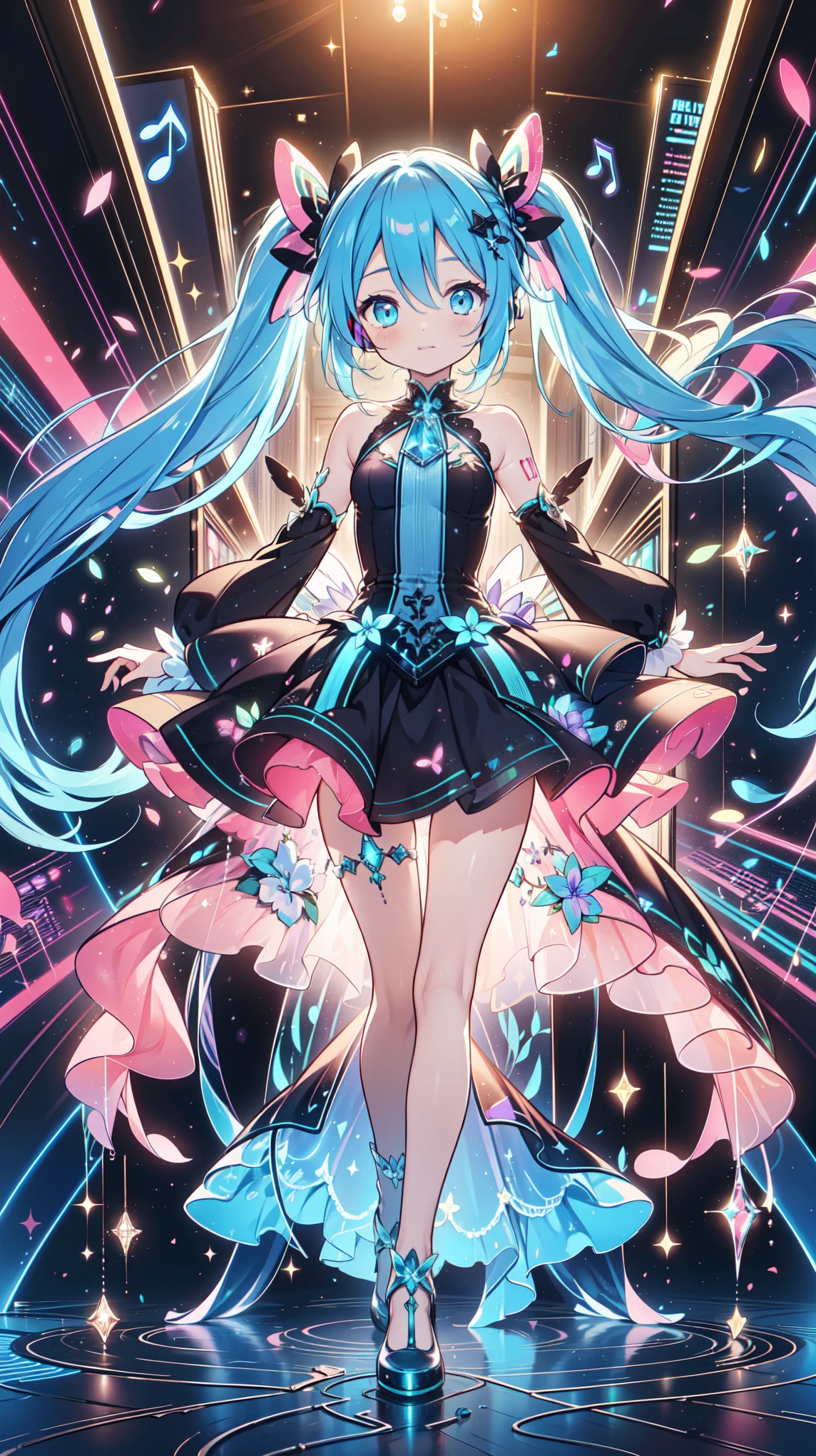 best quality, Official Art , masterpiece, best quality, pastel, Low Fidelity (praise) art style , Light pink and purple hues , crystallization, Internet Style Clothing and Apparel , 1 girl, Every body,Ground Landscape, posture , clear and transparent ,Dark Girl, Dark Gothic Matching Tech Clothing, light green hair ,Hatsune Miku,musical symbol , electronic symbol, sci-fi diva,big earphones,melody pattern,Cyber world