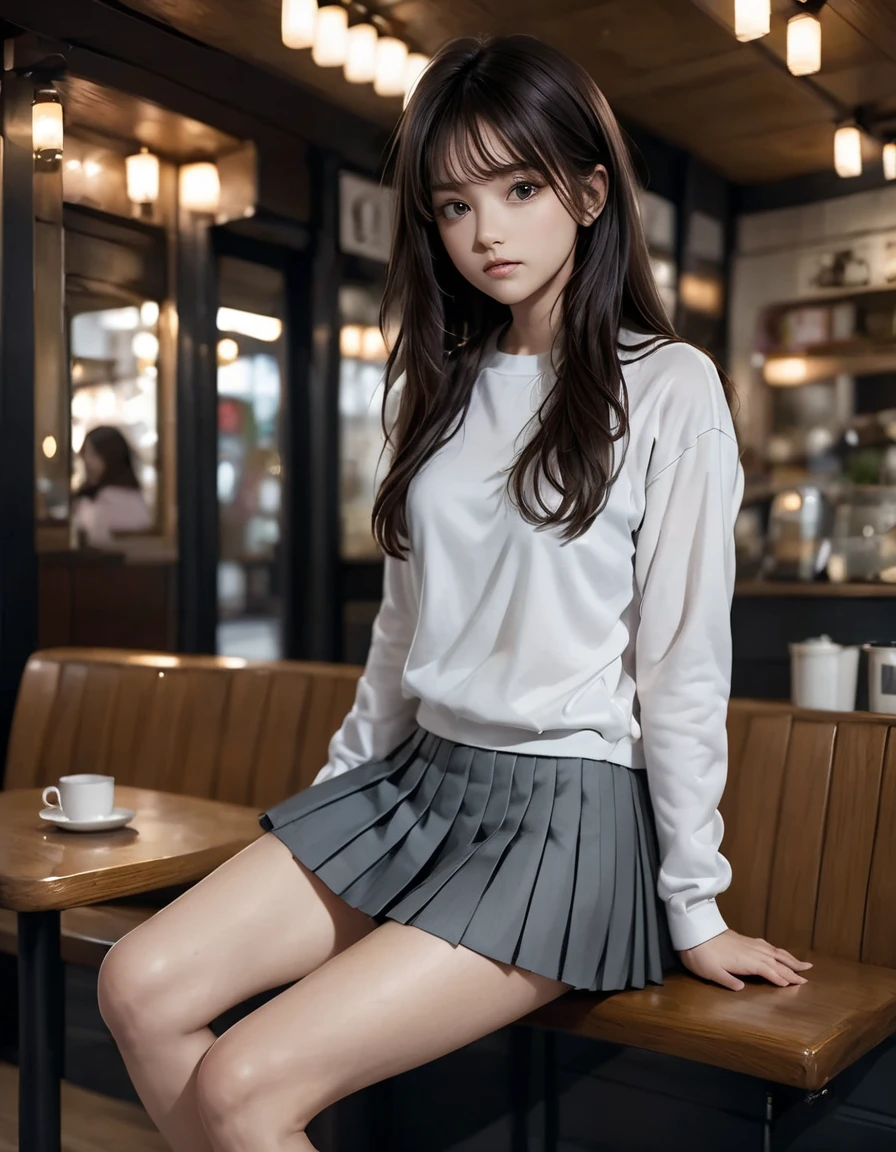 masterpiece,best quality,absurdres,1girl,solo,pensive look,brown hair,long hair,straight hair,black sweatshirt, gray miniskirt, pleated skirt,white sneakers,perfect body,dynamic pose,cafe,depth of field