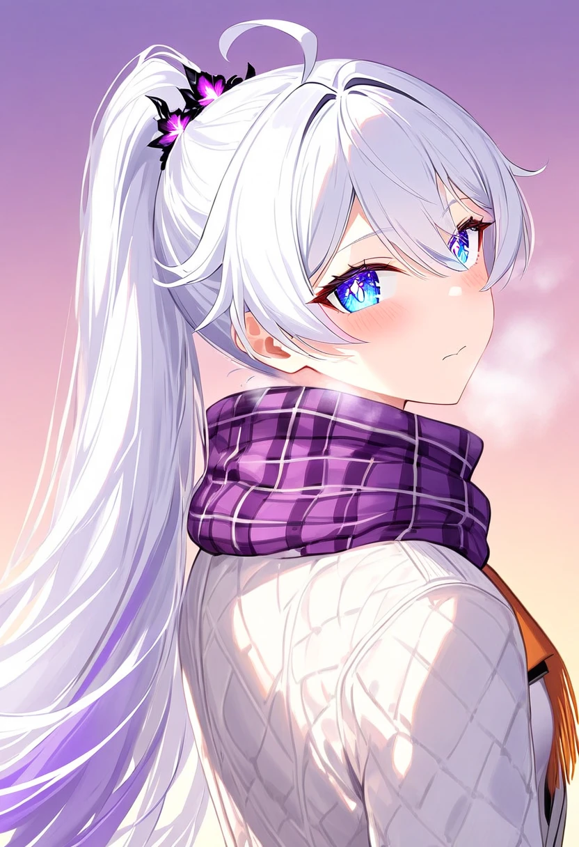 score_9, score_8_up, score_7_up, masterpiece, best quality, absurdres, vibrant, highly detailed, 1girl, adult grown woman, kiana kaslana \(honkai impact 3rd\), herrscher of finality, white hair, ahoge, ponytail, very long hair, blue eyes, symbol-shaped pupils, blush, closed mouth, heavy breathing, white overcoat, plaid purple scarf, casual winter fashion, evening warm light, from back looking at view