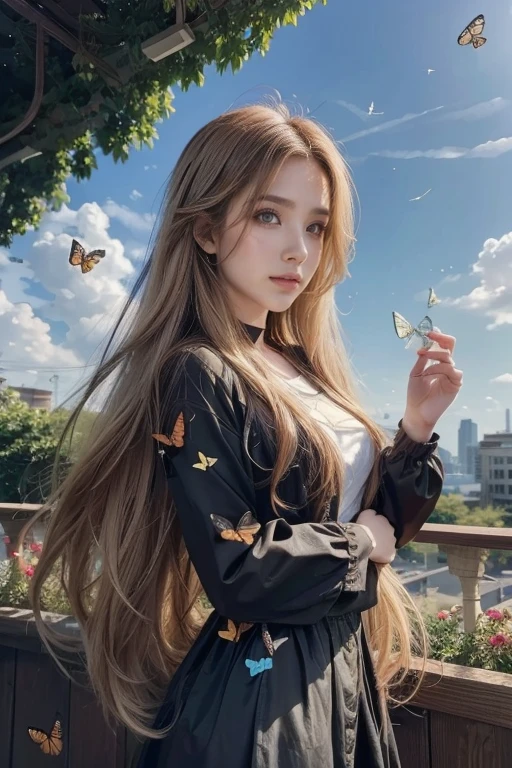 (woman\(student, , JK, Long hair, Colorful eyes, Pale skin，) look up to the sky), (Many butterflies flying in the air), Beautiful sky, Summer，Colorful flowers blooming everywhere, (Bubbles sparkling in the sky) ,quality\(8K,CG Wallpaper, masterpiece,High resolution,top-quality,Surrealism,Improve resolution,RAW photos,Best quality,Very detailed,light,Ray Tracing,Golden Ratio)