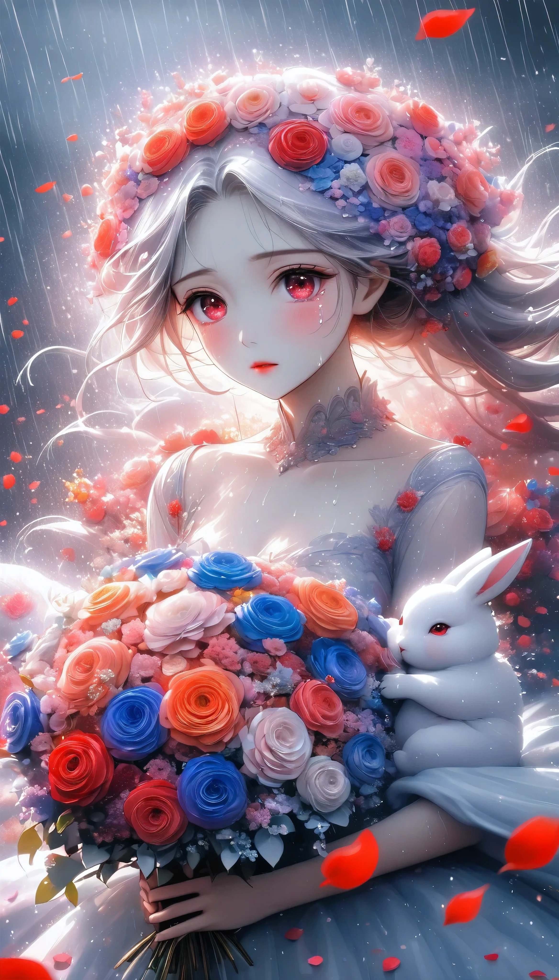  1 girl , Alone, Incorporating rabbits ,  An elegant, Delicate Face Covered with White Fur, Clear red eyes,  The End of an Absurd and Aesthetic Fusion ,  The Finest Fluffy Who Incorporated a Rabbit , Holding a bouquet of flowers, tears like rain brightly color the petals, an aesthetic performance that is too absurd, super fine detailed, Rain represents tears of joy, A selection of dramatic scenes, 