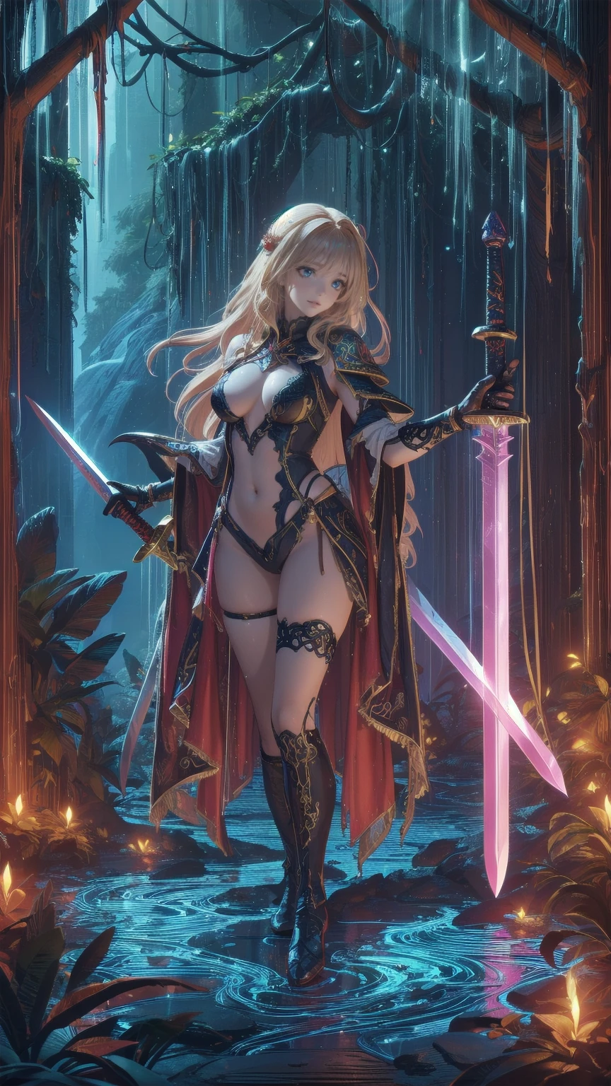  fantasy art , RPG Art, Dark  fantasy art ,  Ultra Wide Shot , born, Photographically, 女性の人間Rangerとその (white: 1.4)  Wolf Pet , Ranger,  very beautiful human woman ,  long blond hair hanging by vines  ,  braid hair, Green Eyes, wear leather armor, wear (red cloak: 1.1), Armed (sword: 1.3), wear laced boots,  standing n a fantastic fall forest,  Fantasy Forest ( intricate detail, masterpiece,  best quality: 1.5), (In the fall: 1.5), Orange, red, Tan leaves , Lots of trees, Water flow ( intricate detail, masterpiece,  best quality: 1.5), waterfall ( intricate detail, masterpiece,  best quality: 1.5), an epic white cat stands near her, Sparkling blue eyes, On the waist,  Fantasy Forest ,  best quality, 16k, [ super detailed], masterpiece,  best quality, ( super detailed), whole body,  Ultra Wide Shot , Kyutō slasher 
