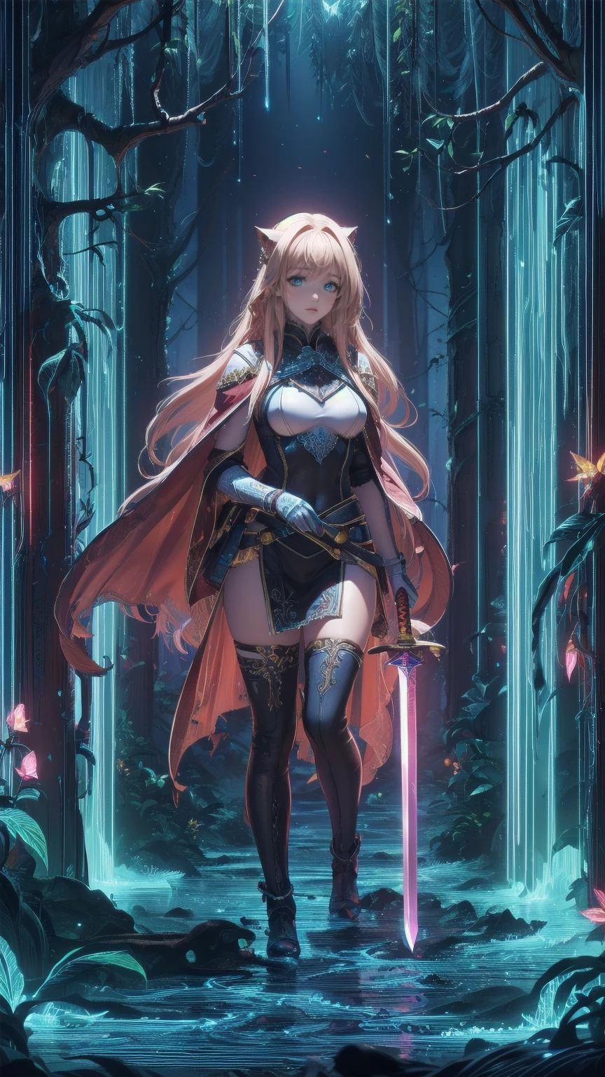  fantasy art , RPG Art, Dark  fantasy art ,  Ultra Wide Shot , born, Photographically, 女性の人間Rangerとその (white: 1.4)  Wolf Pet , Ranger,  very beautiful human woman ,  long blond hair hanging by vines  ,  braid hair, Green Eyes, wear leather armor, wear (red cloak: 1.1), Armed (sword: 1.3), wear laced boots,  standing n a fantastic fall forest,  Fantasy Forest ( intricate detail, masterpiece,  best quality: 1.5), (In the fall: 1.5), Orange, red, Tan leaves , Lots of trees, Water flow ( intricate detail, masterpiece,  best quality: 1.5), waterfall ( intricate detail, masterpiece,  best quality: 1.5), an epic white cat stands near her, Sparkling blue eyes, On the waist,  Fantasy Forest ,  best quality, 16k, [ super detailed], masterpiece,  best quality, ( super detailed), whole body,  Ultra Wide Shot , Kyutō slasher 
