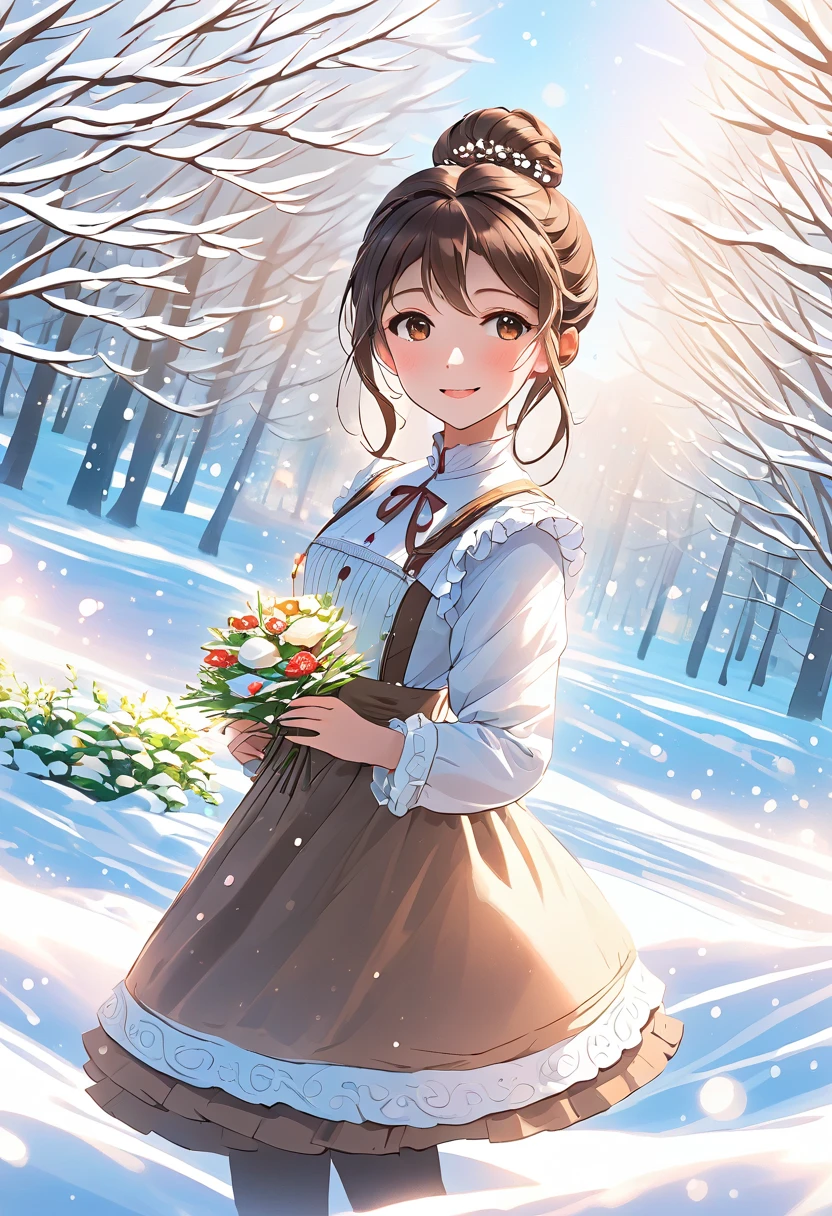 (  Masterpiece ,  best quality:1.2),  1 girl, Alone，snow,  1 girl,  brown hair,  Brown Eyes , single Hair Bun, Hair Bun,  long hair,  side lock,, frills,  Dutch angle , reaching towards viewer, smile,  happy , Particles of light, light,降りしきるsnow