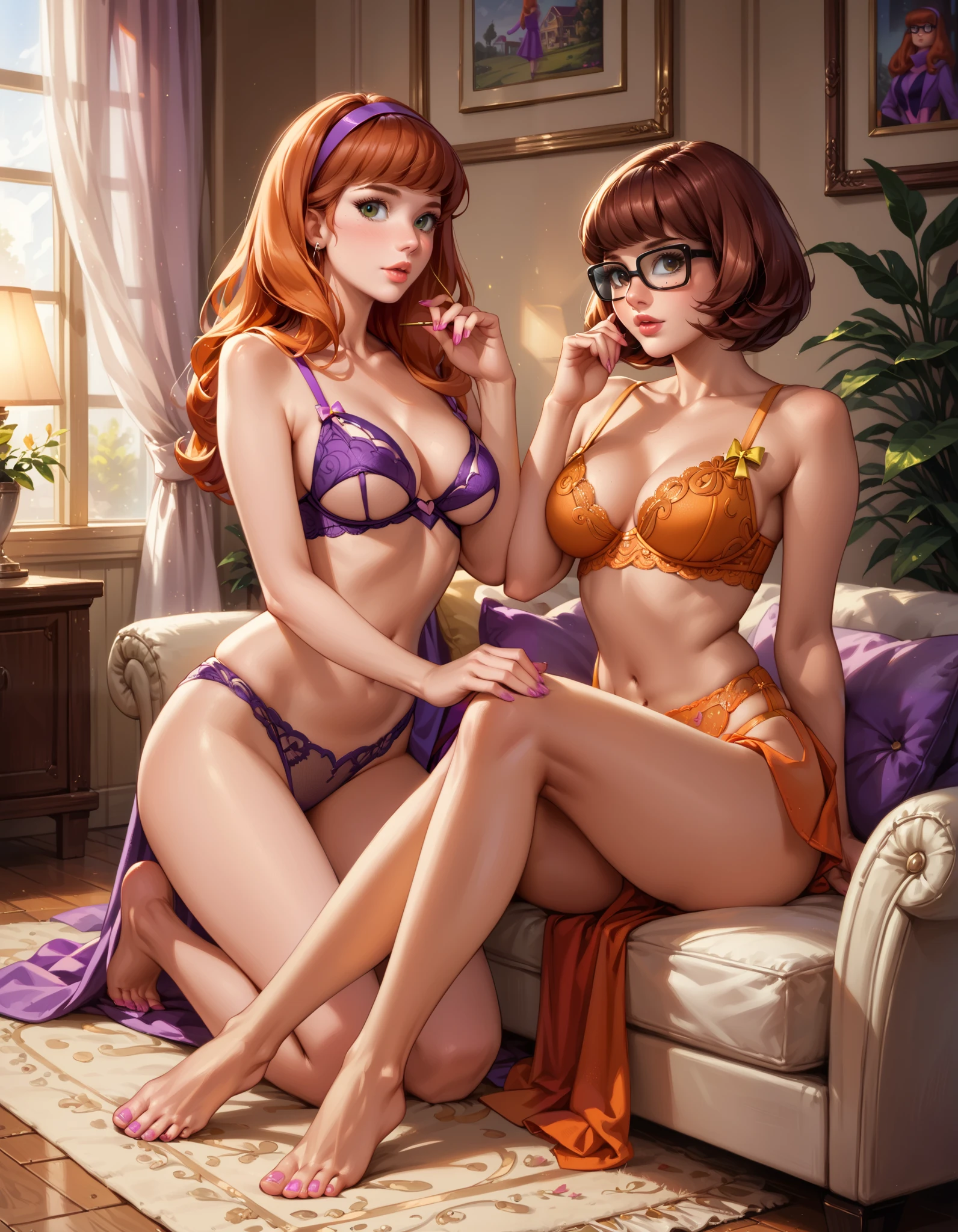 score_9, score_8_up, score_7_up, rating_questionable, 2girls, duo, beautiful waifu, mature women, (Daphne Blake, orange hair:1.3), and (Velma Dinkley, brown hair:1.4), wearing (wearing skimpy lingerie, bare shoulders, bare arms, barefoot:1.2), modern living room, (romantic, in love, elegant, glamorous:1.1), eyes half-closed, filled lips, thick lips, detailed eyes, detailed face, dimly lit, perfect hands, (Hand, detailed, perfect, perfection, hands:1.2), perfect proportions.