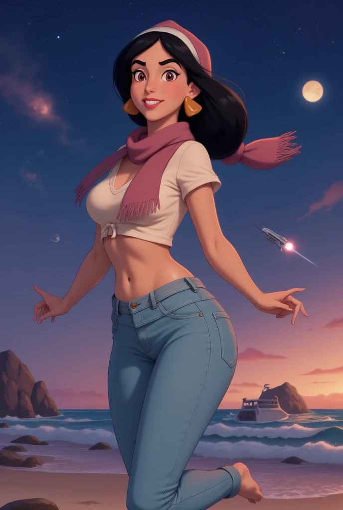 best quality, high resolution, distinct image, concept art, night sky, stars, moon, girl, smile, hair, eyes, mouth, hands, feet, clothing, jeans, t-shirt, scarf, hat, space, spaceship, spacesuit, astronaut, planet, galaxy, beautiful, cute, cozy, natural, dreamy, relaxed, sparkling, lovely