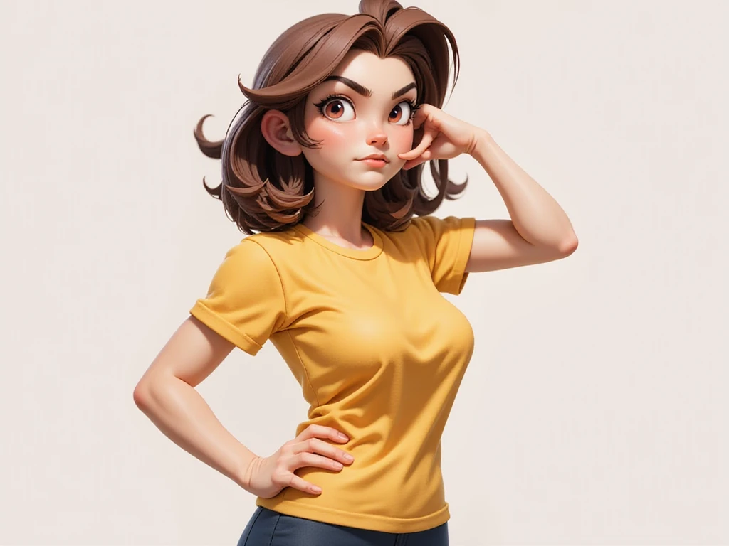 a cartoon of a mom wearing short sleeve yellow T-shirt with one hand pointed and otger hand on the waist. High Resolution, Medium Hair, Brown Hair, Wavy Hair, Light Brown Hair, Brown eyes, serious face.