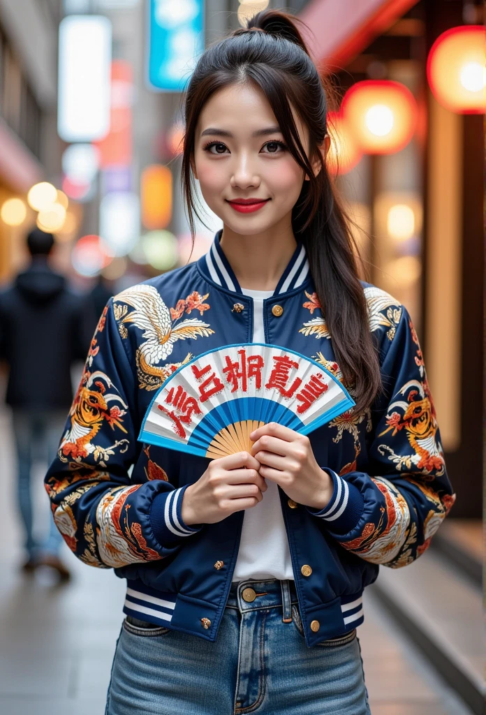 The Sucker, professional photography,  Jacket Design Eagle Embroidery、Tiger and Dragon 、portrait of a Asian woman wearing The Sucker and jeans, jacket, ponytail hair, gently smiling, beautiful makeup, she holding a fan with text "I Love JAPAN、neon city in background, bokeh, depth of field 