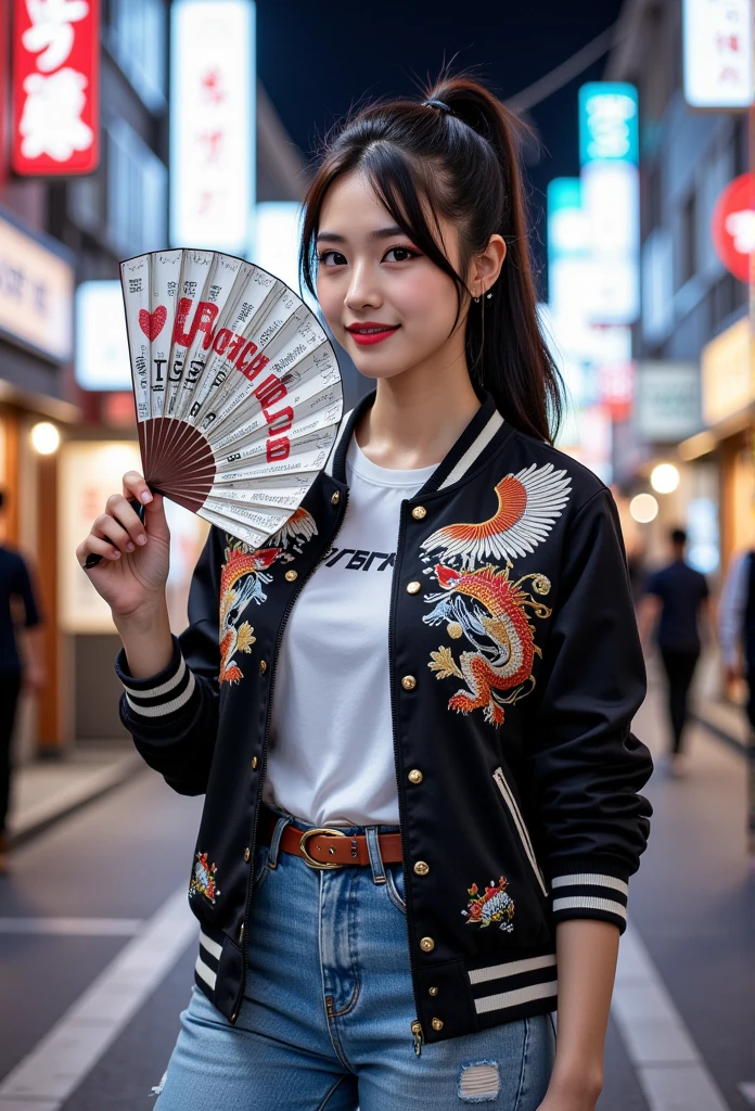 The Sucker, professional photography,  Jacket Design Eagle Embroidery、Tiger and Dragon 、portrait of a Asian woman wearing The Sucker and jeans, jacket, ponytail hair, gently smiling, beautiful makeup, she holding a fan with text "I Love JAPAN、neon city in background, bokeh, depth of field 