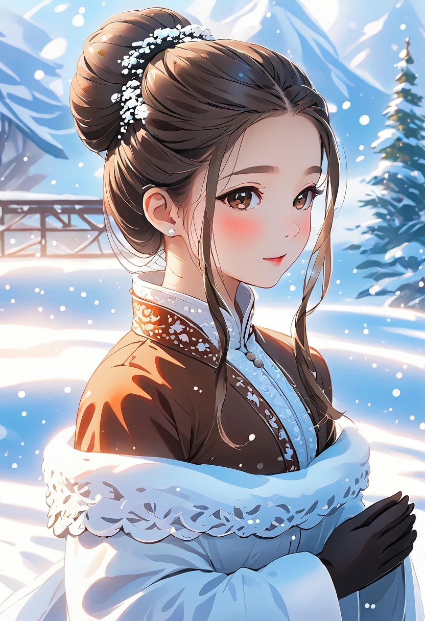 (  Masterpiece ,  best quality:1.2),  1 girl, Alone，snow,  brown hair,  Brown Eyes , single Hair Bun, Hair Bun,  long hair,  side lock,