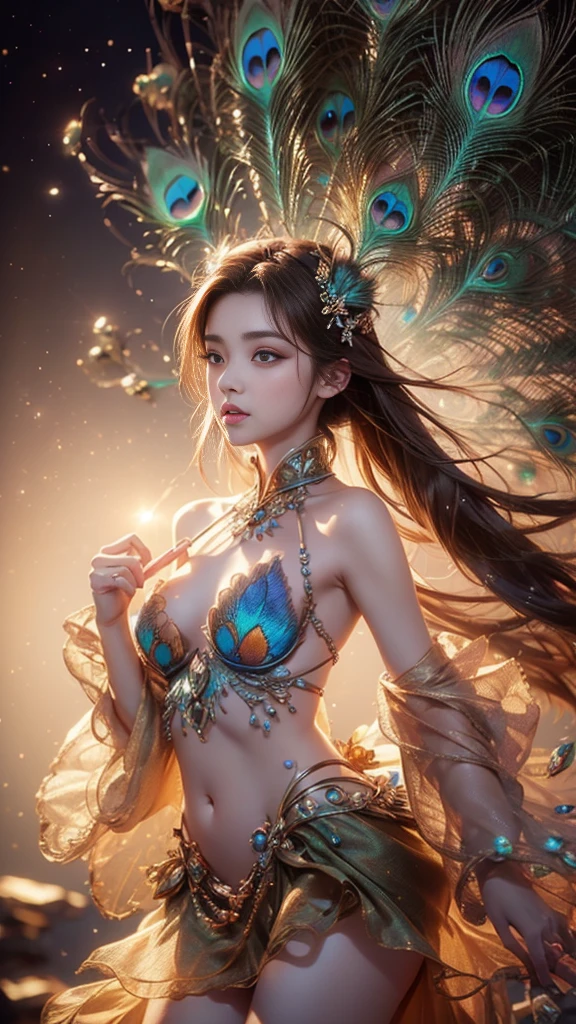 4K, UHD, masterpiece, 1 girl, ((good face)), detailed eyes, very long hair, ((small breasts)), ((peacock clothing)), ((brown clothing)), ((strap clothing)), ((brown lace)), ((navel)), ((peacock wings)), ((ornaments)), ((fpeacock petticoat)), ((bare hip)), ((bare thigh)), butterfly, fantasy creative art, ultra detailed, details, ultimate details, amazing magnificence, in the beautiful dargen, birds, Pedaipan style, glowing light, bloom, ray tracing, ((upper body)), 