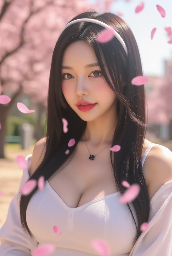 (a girl in a white shirt and dress,smiling with teeth showing,long straight hair with a headband,upper body shot,petal rain,cherry blossoms in spring,outdoor,blurred background,bokeh,soft warm lighting,playful expression,petals flying in the wind,colorful petals,best quality,4k,8k,highres,masterpiece:1.2,ultra-detailed,realistic,photorealistic,photo-realistic:1.37,sharp focus,physically-based rendering,extreme detail description,professional,vivid colors,wallpaper,shallow depth of field,coordinated with the scenery,warm tones)