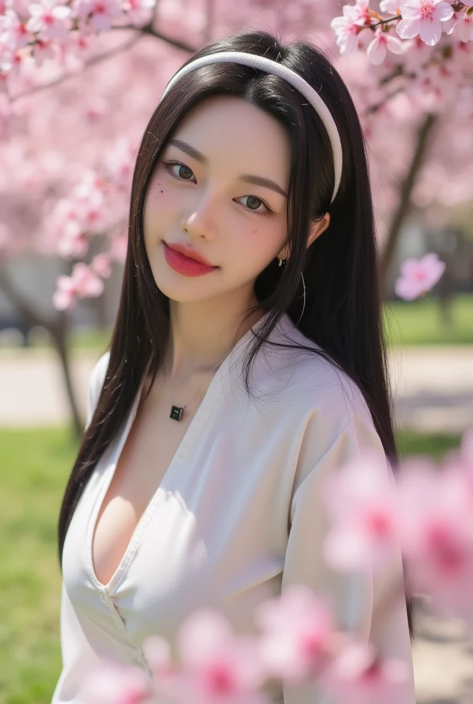 (a girl in a white shirt and dress,smiling with teeth showing,long straight hair with a headband,upper body shot,petal rain,cherry blossoms in spring,outdoor,blurred background,bokeh,soft warm lighting,playful expression,petals flying in the wind,colorful petals,best quality,4k,8k,highres,masterpiece:1.2,ultra-detailed,realistic,photorealistic,photo-realistic:1.37,sharp focus,physically-based rendering,extreme detail description,professional,vivid colors,wallpaper,shallow depth of field,coordinated with the scenery,warm tones)