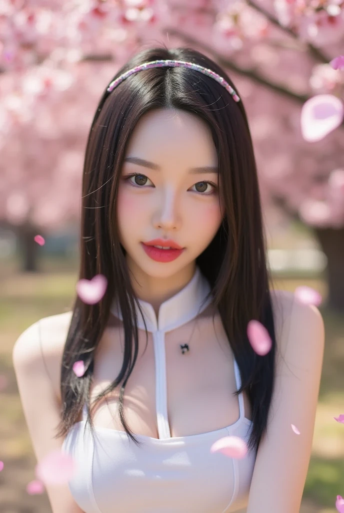 (a girl in a white shirt and dress,smiling with teeth showing,long straight hair with a headband,upper body shot,petal rain,cherry blossoms in spring,outdoor,blurred background,bokeh,soft warm lighting,playful expression,petals flying in the wind,colorful petals,best quality,4k,8k,highres,masterpiece:1.2,ultra-detailed,realistic,photorealistic,photo-realistic:1.37,sharp focus,physically-based rendering,extreme detail description,professional,vivid colors,wallpaper,shallow depth of field,coordinated with the scenery,warm tones)