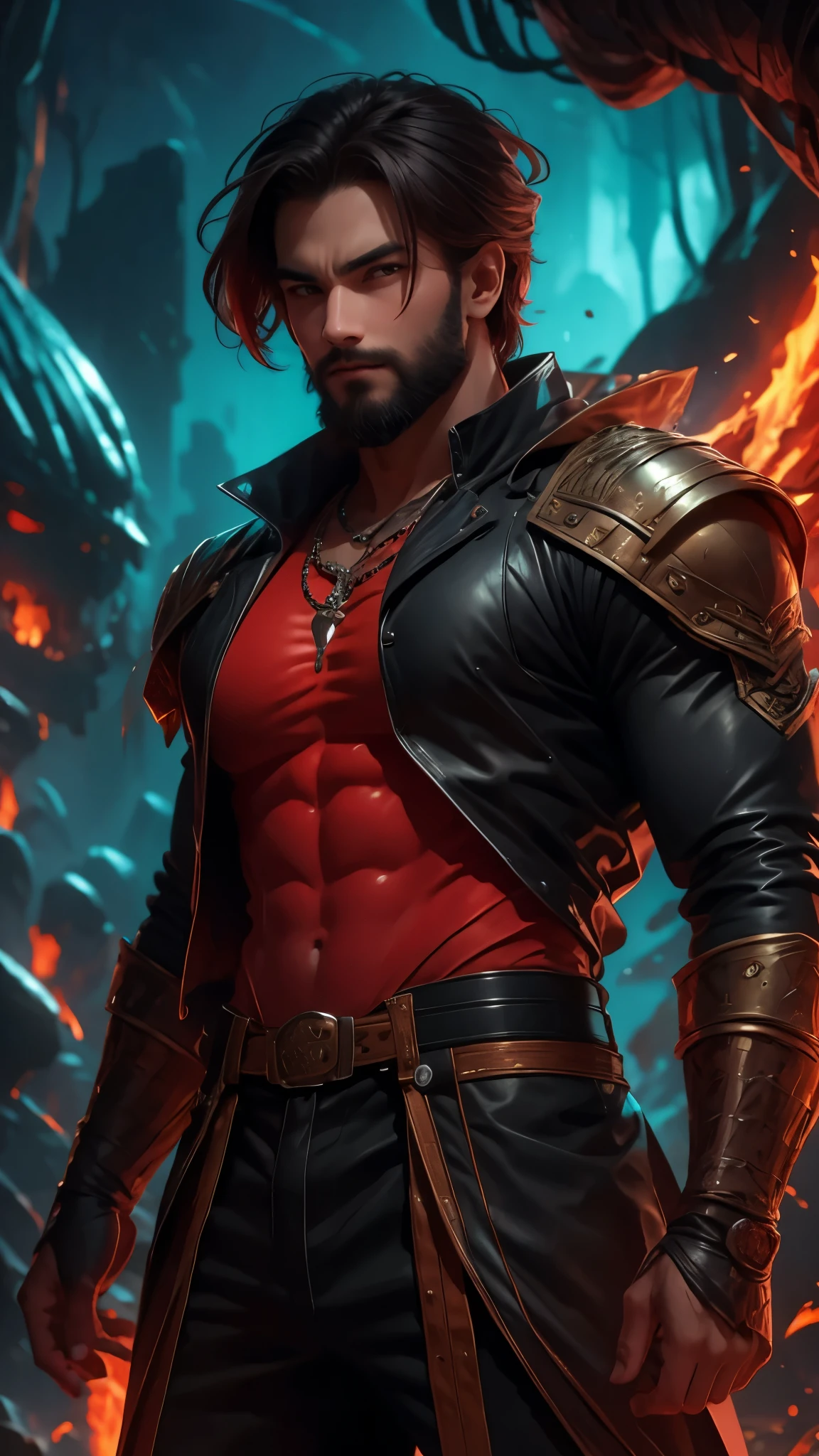 (( better quality )), (( masterpiece)), (Detailed), perfect cara . Cara with a rojo color . Very strong male body. big muscle . War with pesada weapons and ligera . coraza de aceros de diferentes colores con ropas geniales. especially dorada de hoja ancha . sword gladius. Mayan shield. casco de aceros muy fun . Man with beard. Ojos rojos. cabello oscuro
