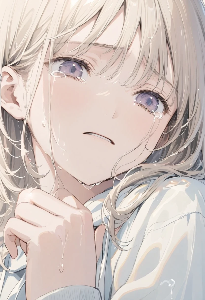 ((anime,pastel))、 a woman looking down , cowboy shot,Close up,Ultra low angle, angle like looking into her face, Long Wet Hair ,真下に1 woman with droopy hair ,1 woman with droopy hair ,((bangs,Sideburns)),sorrow, sheds tears,Overflowing Tears , a hand that catches tears ,The theme is hopelessness , Brown Hair, dark eyes,White hoodie　 background is black