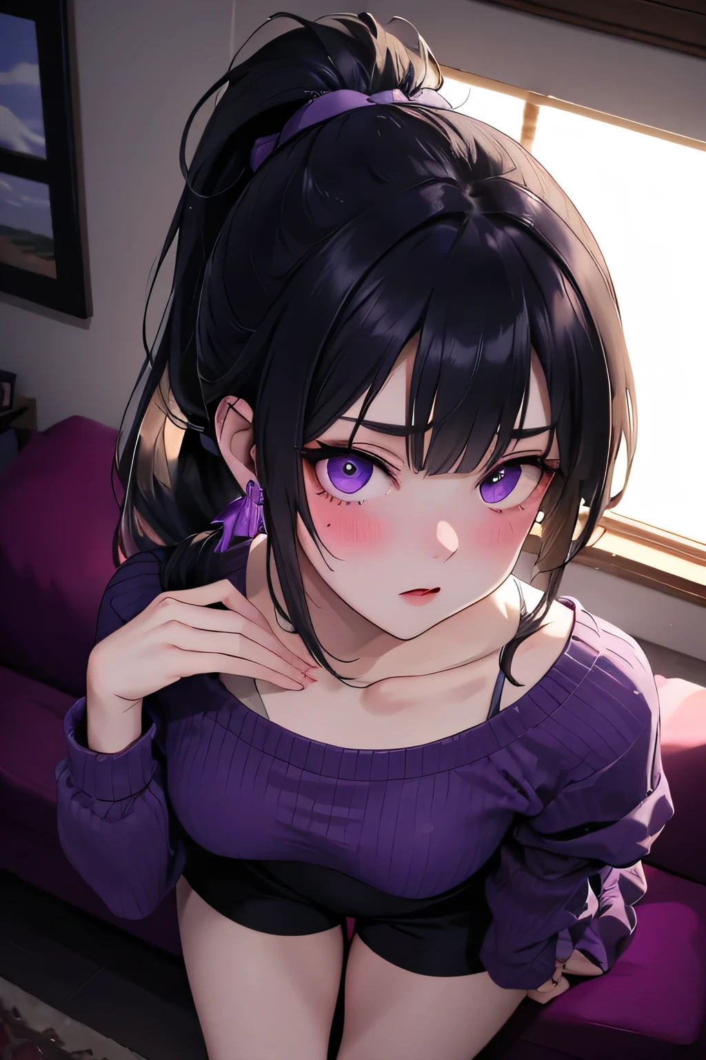 Masterpiece, Best Quality, Hi-Res, source_anime, (good_hands:0.9) , 1girl, purple eyes, black hair,  ponytail long hair, purple sweater, black hotpants, curvy body, High Contrast Glossy Oily Skin, living room, from above.stand, blushing, shock, shy, looking at viewer, dramatic shadows, cinematic sun lighting, (light particles:0.8)