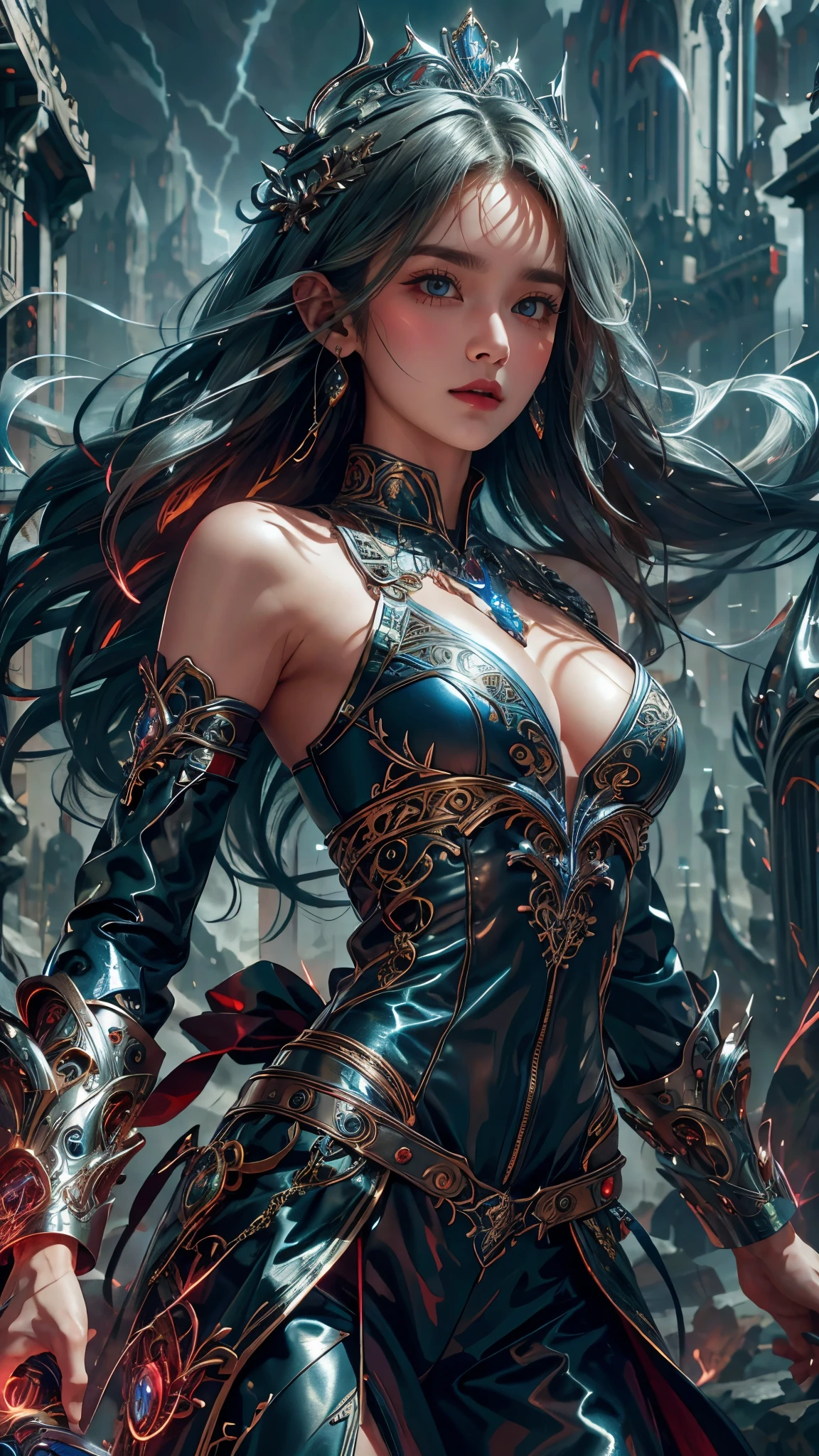 "((Enigmatic)) painting, misty atmosphere, mysterious ((girl)) with an otherworldly sword, ancient stone altar, gnarled tree, swirling clouds, ethereal glow, (hyper-detailed), ((surreal))