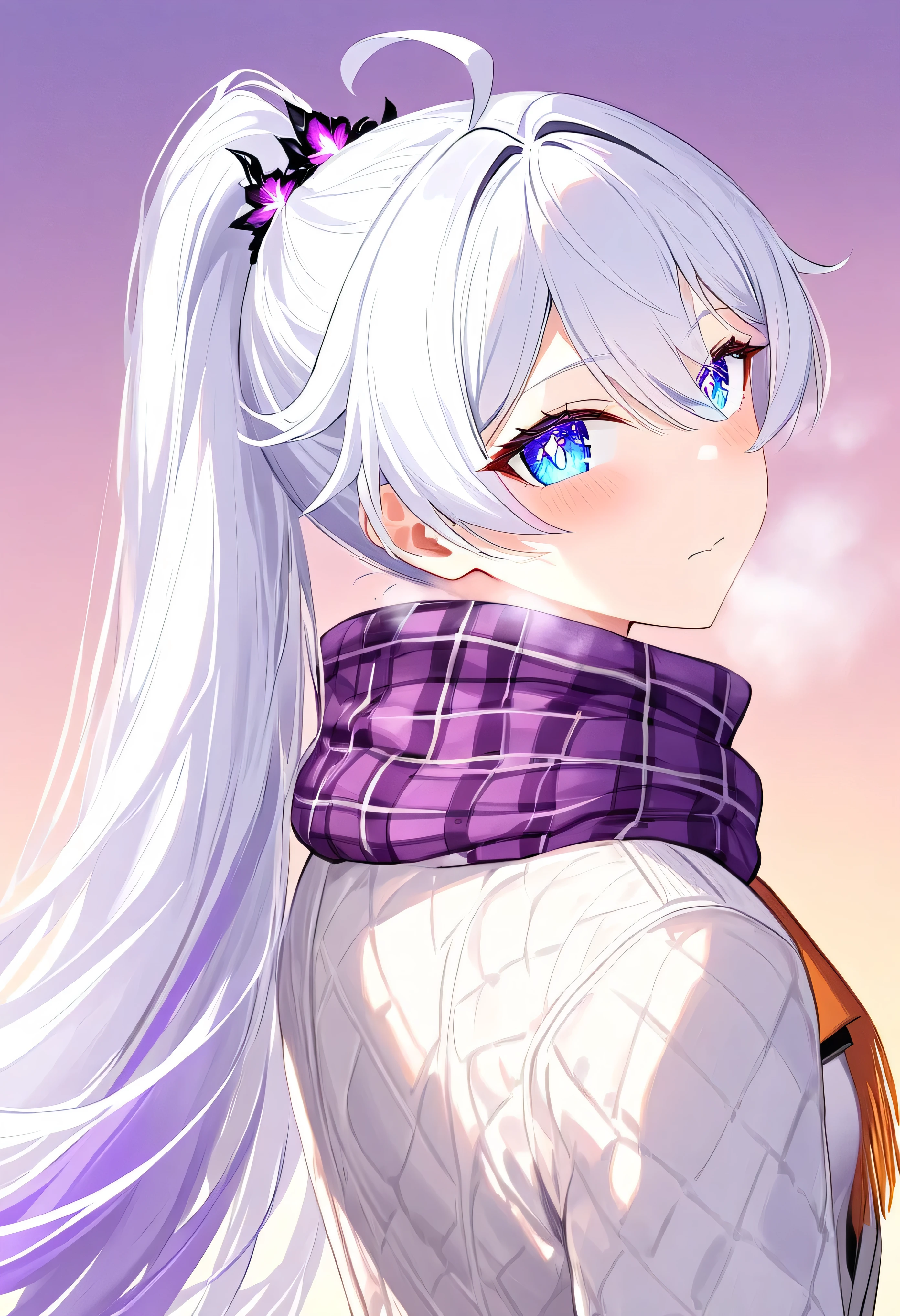 score_9, score_8_up, score_7_up, masterpiece, best quality, absurdres, vibrant, highly detailed, 1girl, adult grown woman, kiana kaslana \(honkai impact 3rd\), herrscher of finality, white hair, ahoge, ponytail, very long hair, blue eyes, symbol-shaped pupils, blush, closed mouth, heavy breathing, white overcoat, plaid purple scarf, casual winter fashion, evening warm light, from back looking at view