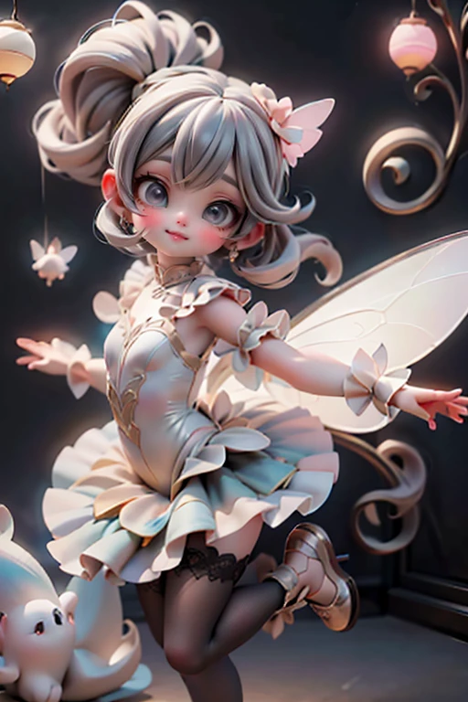 ankle strap ballerinas, hosiery, a cute fairy, beautiful hairstyle, tutu clothing, big fairy wings, circus indoors, theatrical lights, dramatic pose, dynamic angle, circus acrobat fairy
