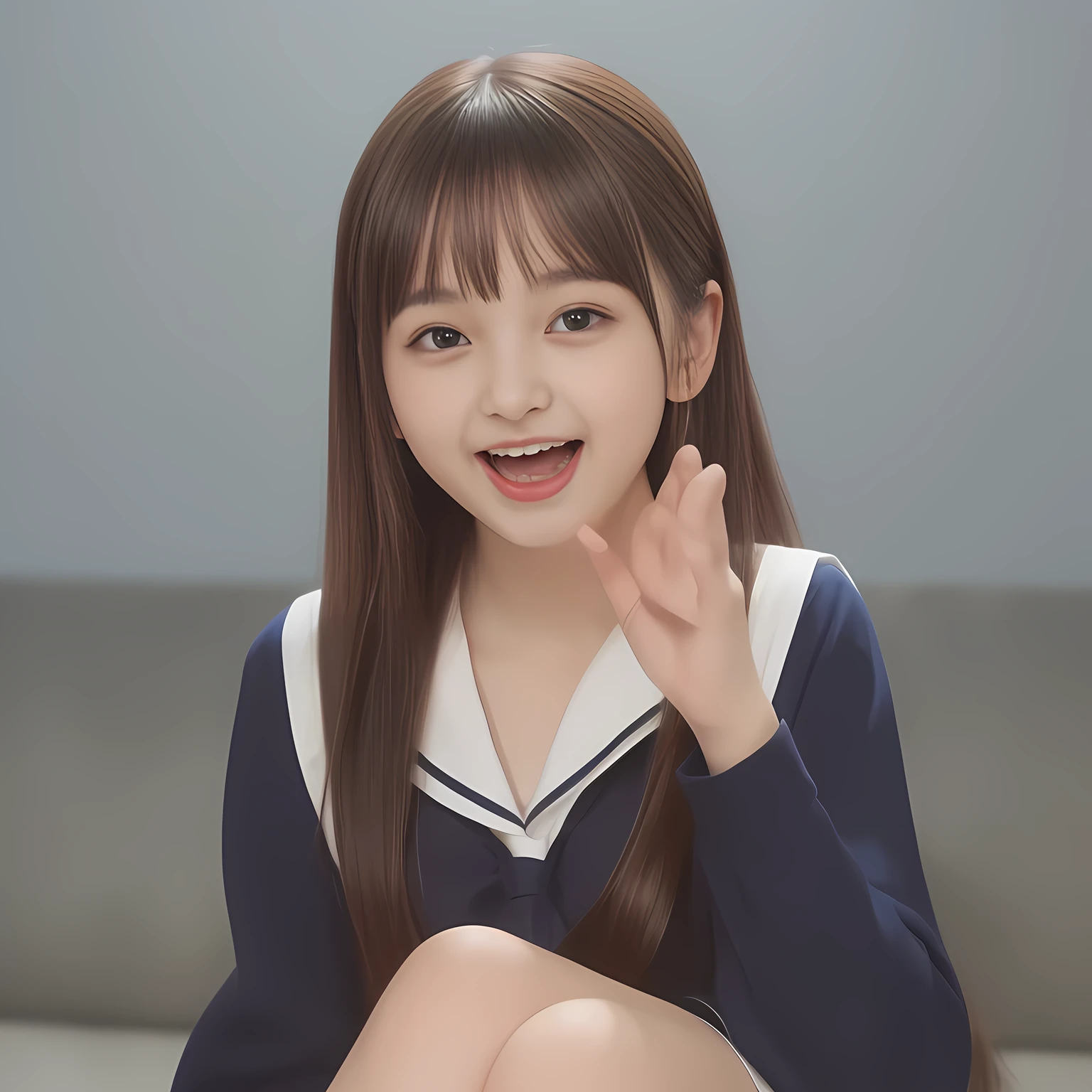 (Highest quality, masterpiece:1.2), Highest quality, High resolution, 1080P, 8k, (Two yo Japanese beautiful girl idols are seated and giving strong subliminal sexual invitation and temptation, undressing navy uniform, cute skirt with beautiful knees, looking at the viewer, can't stop showing cute smile open mouth because of feeling too funny about the viewer, very white-white face, very proud of her long straight black hair, using face-whitening cosmetics, 14 girl's eyes, opened laughing giggling most open mouth, too expensive navy sailor-styled school uniform, well-straitened super-long well-trimmed long hair, evenly neatly trimmed girly cute bangs: 1.5), (Laughing blushed cheeks with dimples), (Well-balanced, impressive, very intelligent, double-eyelids, black shining large eyes of 14yooung idol with detailed: 1.5), ((Beautiful well-figured glossy opened laughing lips: 1.2)), (mature breast), (The viewer can't stop madly kissing them because of her beauty and subliminal strong invitation), (Very beautiful, super-glossy, cute neat black amazingly long hair, straight well-done long hair-style: 1.3), (plain blue background: 1.6), (((Completely balanced beautiful big cool eyes, looking coldly at me!: 1.3))), (eyes, face and hair are especially beautifully detailed and beautifully drawn: 1.5), (The soft white light clearly shows her face extremely white: 1.2), (the viewer become crazy and can't stop bursting and running every liquid to her body: 1.7), (School uniform, too-cute slender 14yo ser-long-hair Japanese beautiful-young-girl idol twins are laughing at me and undressing me, super-widely open laughing mouth, everything is girly, neat and too beautiful: 1.6), (Super long hair 14yo super-cute-face navy-sailor-suit school-uniform pretty young idol of school idol photo magazine, is undressing the viewer, height: 158cm: 2.1), (Inevitable subliminal invitation and temptation to the eternal deep deep unreal pleasure world of flood of beautiful girls: 2.0)