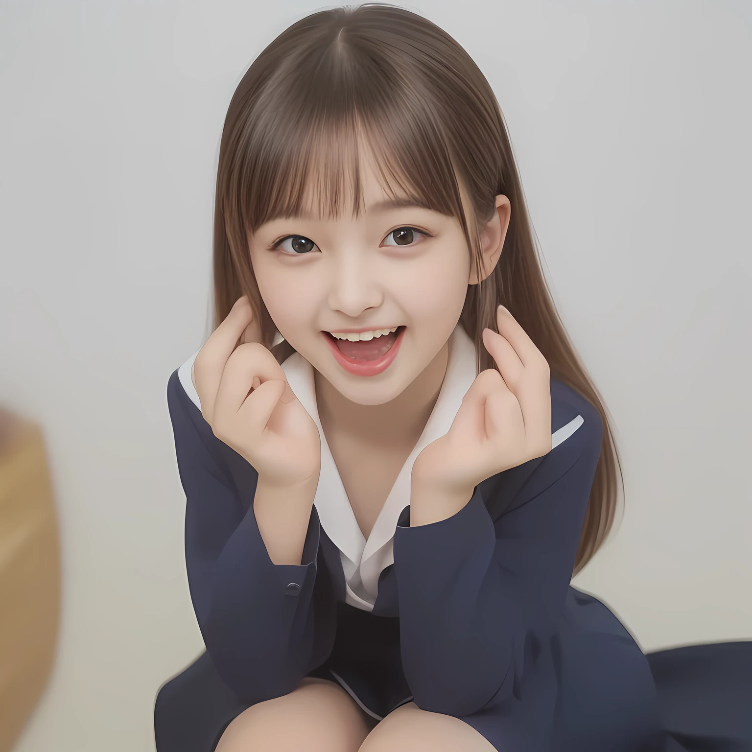 (Highest quality, masterpiece:1.2), Highest quality, High resolution, 1080P, 8k, (Two 14yo Japanese beautiful girl idols are seated and giving strong subliminal sexual invitation and temptation, undressing navy uniform, cute skirt with beautiful knees, looking at the viewer, can't stop showing cute smile open mouth because of feeling too funny about the viewer, very white-white face, very proud of her long straight black hair, using face-whitening cosmetics, 14yo girl's eyes, opened laughing giggling most open mouth, too expensive navy sailor-styled school uniform, well-straitened super-long well-trimmed long hair, evenly neatly trimmed girly cute bangs: 1.5), (Laughing blushed cheeks with dimples), (Well-balanced, impressive, very intelligent, double-eyelids, black shining large eyes of 14yo young idol with detailed: 1.5), ((Beautiful well-figured glossy opened laughing lips: 1.2)), (mature breast), (The viewer can't stop madly kissing them because of her beauty and subliminal strong invitation), (Very beautiful, super-glossy, cute neat black amazingly long hair, straight well-done long hair-style: 1.3), (plain blue background: 1.6), (((Completely balanced beautiful big cool eyes, looking coldly at me!: 1.3))), (eyes, face and hair are especially beautifully detailed and beautifully drawn: 1.5), (The soft white light clearly shows her face extremely white: 1.2), (the viewer become crazy and can't stop bursting and running every liquid to her body: 1.7), (School uniform, too-cute slender 14yo super-long-hair Japanese beautiful-young-girl idol twins are laughing at me and undressing me, super-widely open laughing mouth, everything is girly, neat and too beautiful: 1.6), (Super long hair 14yo super-cute-face navy-sailor-suit school-uniform pretty young idol of school idol photo magazine, is undressing the viewer, height: 158cm: 2.1), (Inevitable subliminal invitation and temptation to the eternal deep deep unreal pleasure world of flood of beautiful girls: 2.0)