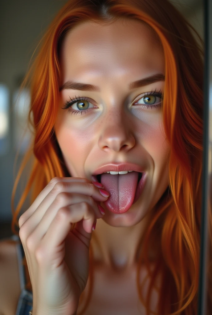 redhaired woman surrounded in glass, licking viewer , 1 girl,lip,(saliva), Stares _in_ viewer ,,tongue_outside,flap,length_tongue,thick lips, makes me drool, Fisheye Lens ,close-up,Show your nostrils,Emphasise the nostrils